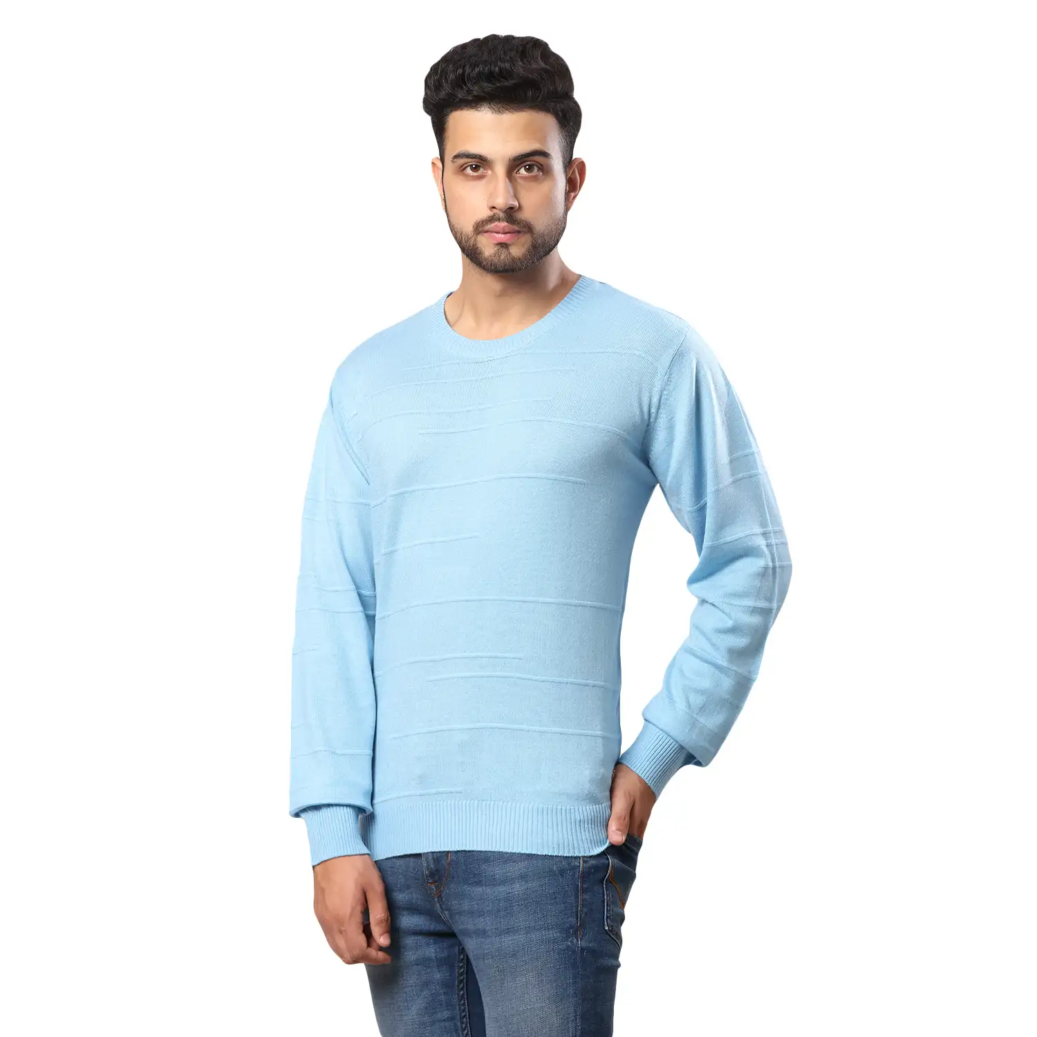 Men Blue Structure Cable Acrylic Wool Blend Full Sleeve V Neck Collar Sweaters - Image 3