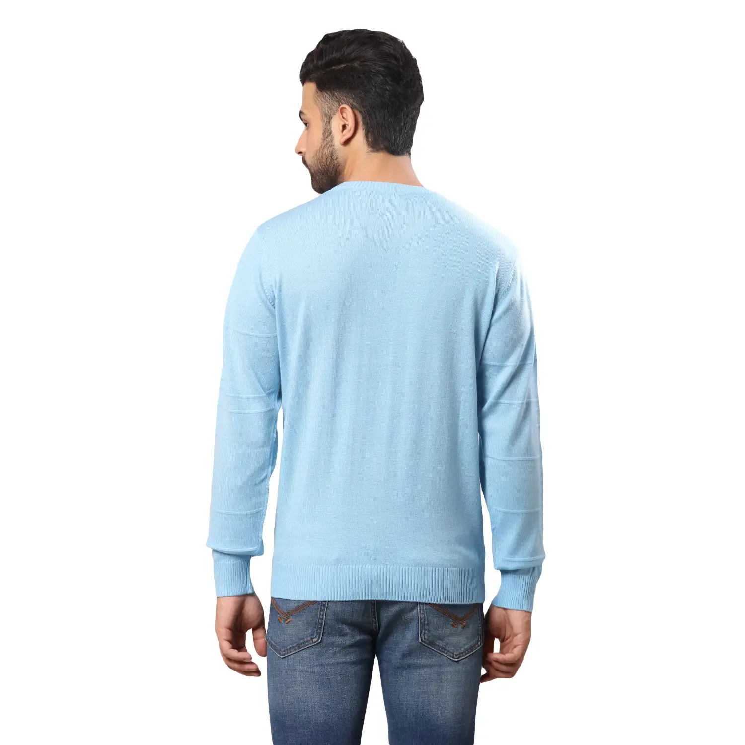 Men Blue Structure Cable Acrylic Wool Blend Full Sleeve V Neck Collar Sweaters - Image 4