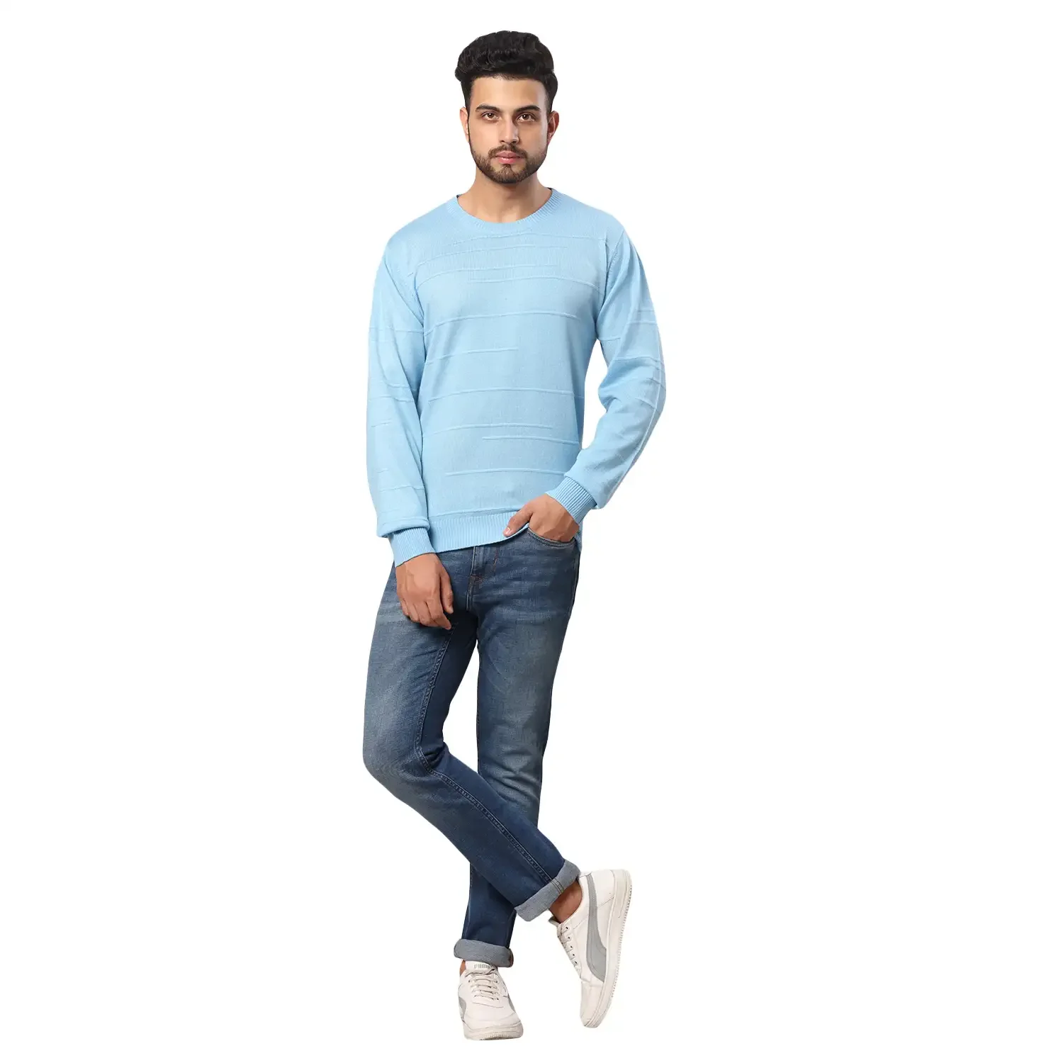 Men Blue Structure Cable Acrylic Wool Blend Full Sleeve V Neck Collar Sweaters - Image 5