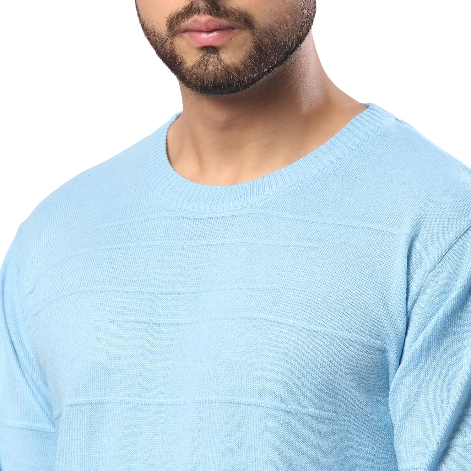 Men Blue Structure Cable Acrylic Wool Blend Full Sleeve V Neck Collar Sweaters - Image 6