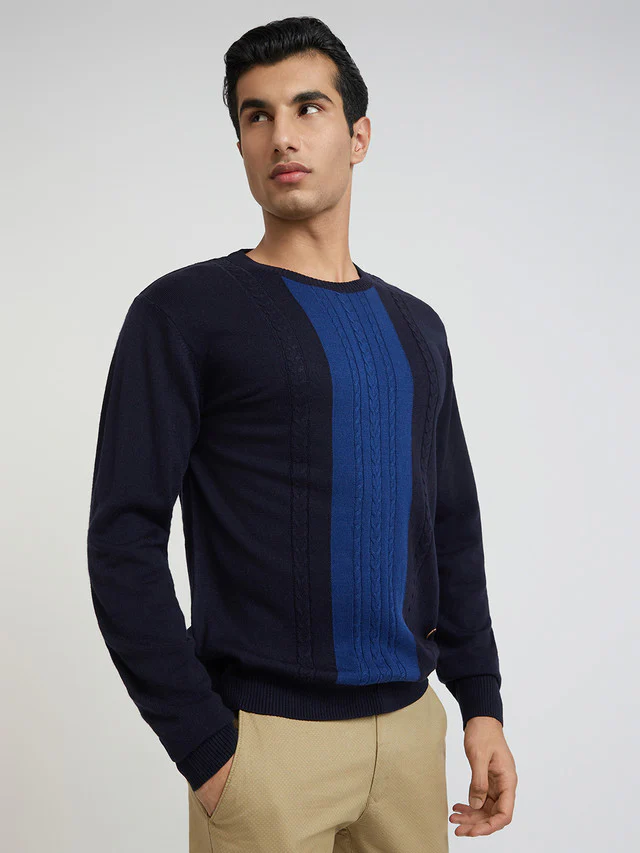 Men Blue Structure Cable Acrylic Wool Blend Round Collar Sweaters - Image 2