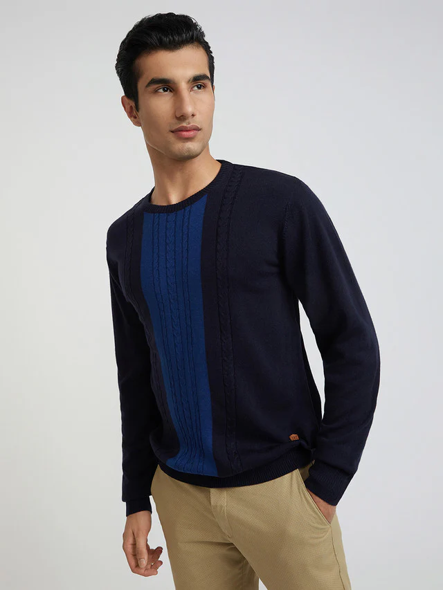 Men Blue Structure Cable Acrylic Wool Blend Round Collar Sweaters - Image 3
