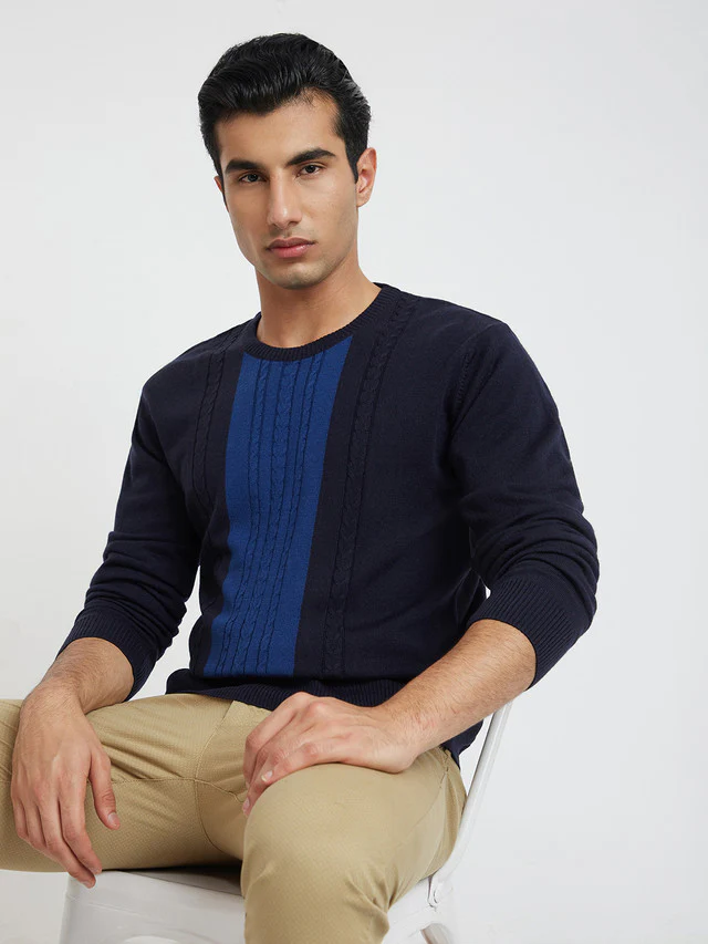Men Blue Structure Cable Acrylic Wool Blend Round Collar Sweaters - Image 6