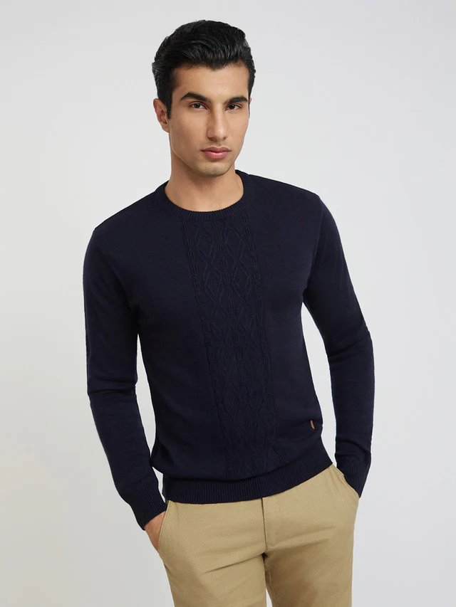 Men Blue Structure Cable Acrylic Wool Blend Round Collar Sweaters