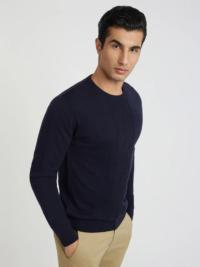 Men Blue Structure Cable Acrylic Wool Blend Round Collar Sweaters - Image 2