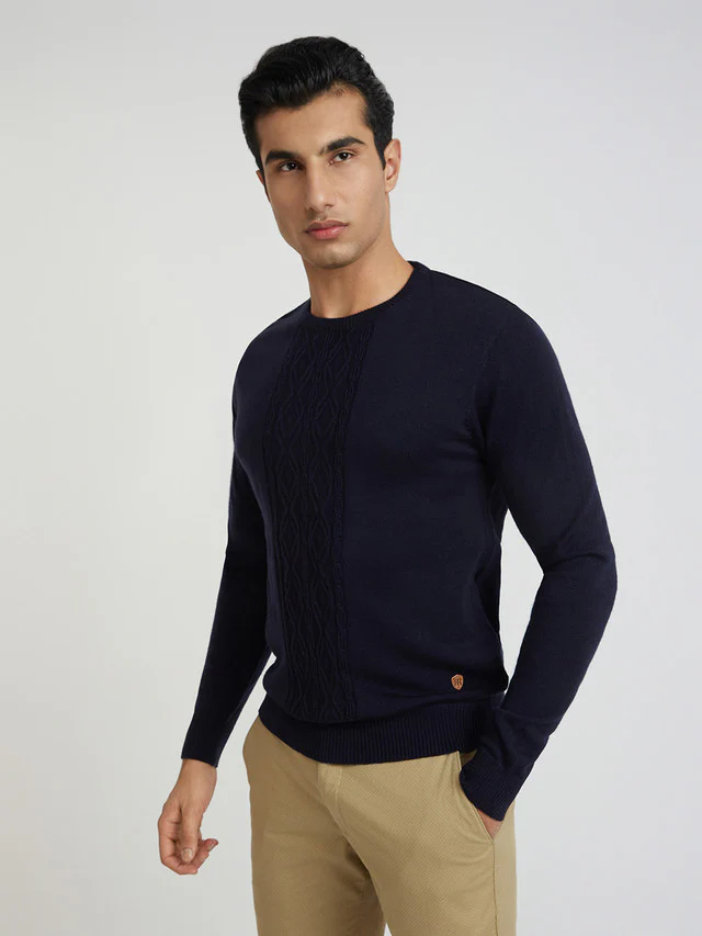 Men Blue Structure Cable Acrylic Wool Blend Round Collar Sweaters - Image 3