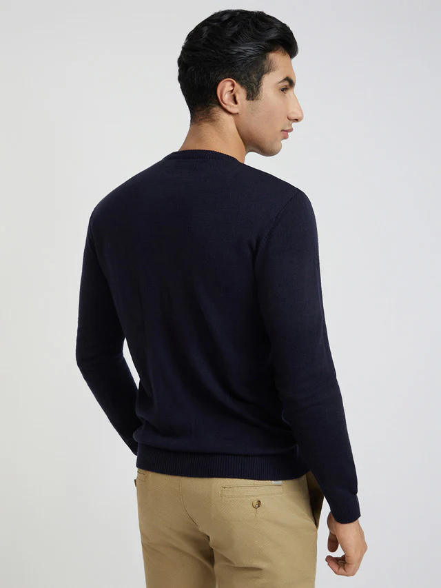 Men Blue Structure Cable Acrylic Wool Blend Round Collar Sweaters - Image 4
