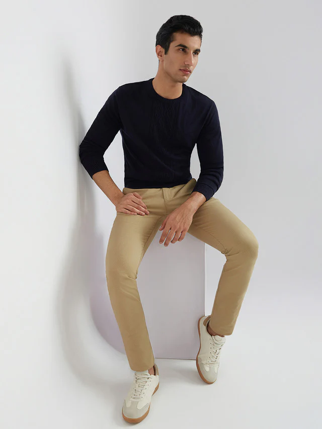 Men Blue Structure Cable Acrylic Wool Blend Round Collar Sweaters - Image 5