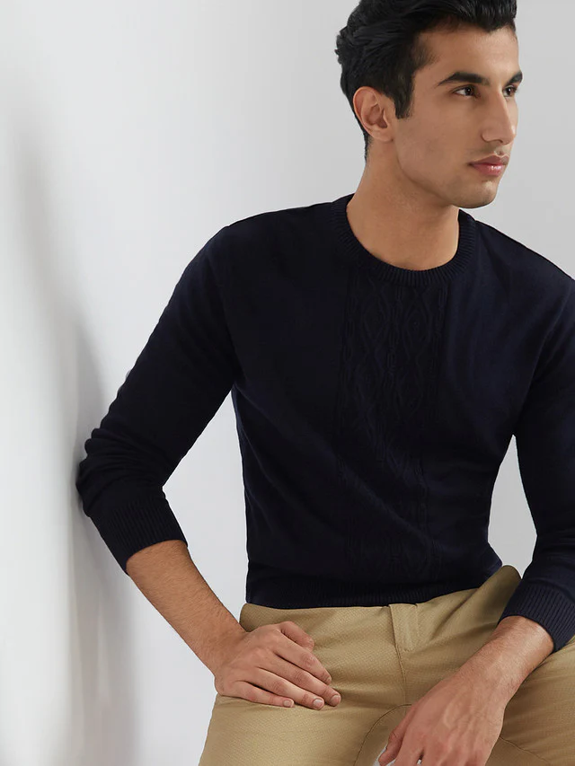 Men Blue Structure Cable Acrylic Wool Blend Round Collar Sweaters - Image 6