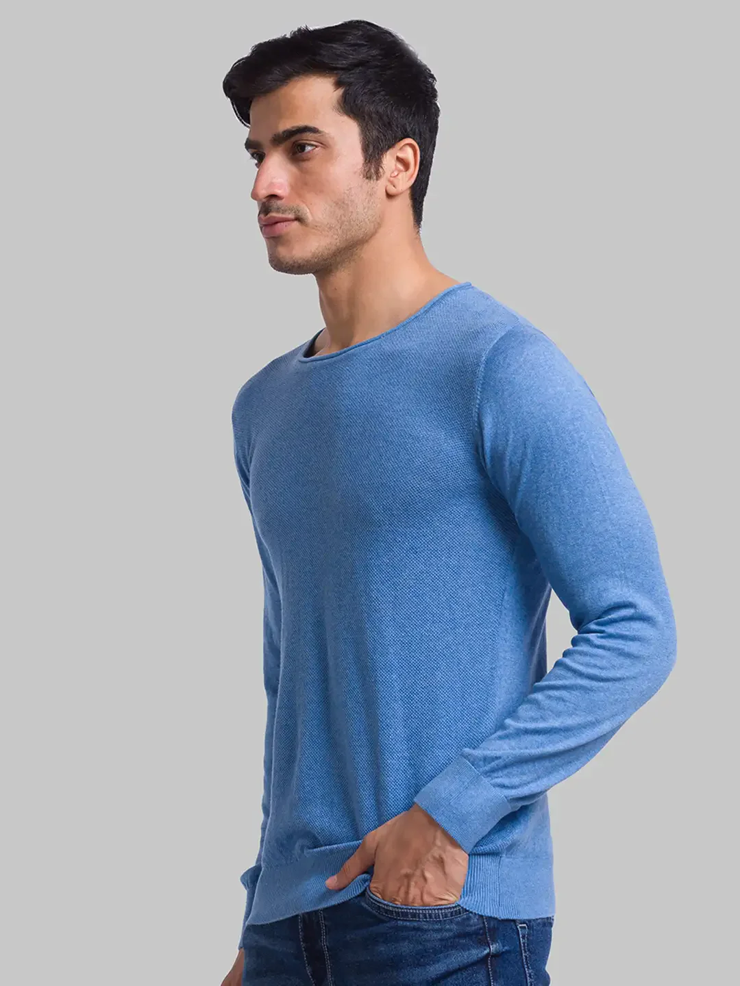 Men Blue Structure Cotton Full Sleeve Sweaters - Image 3