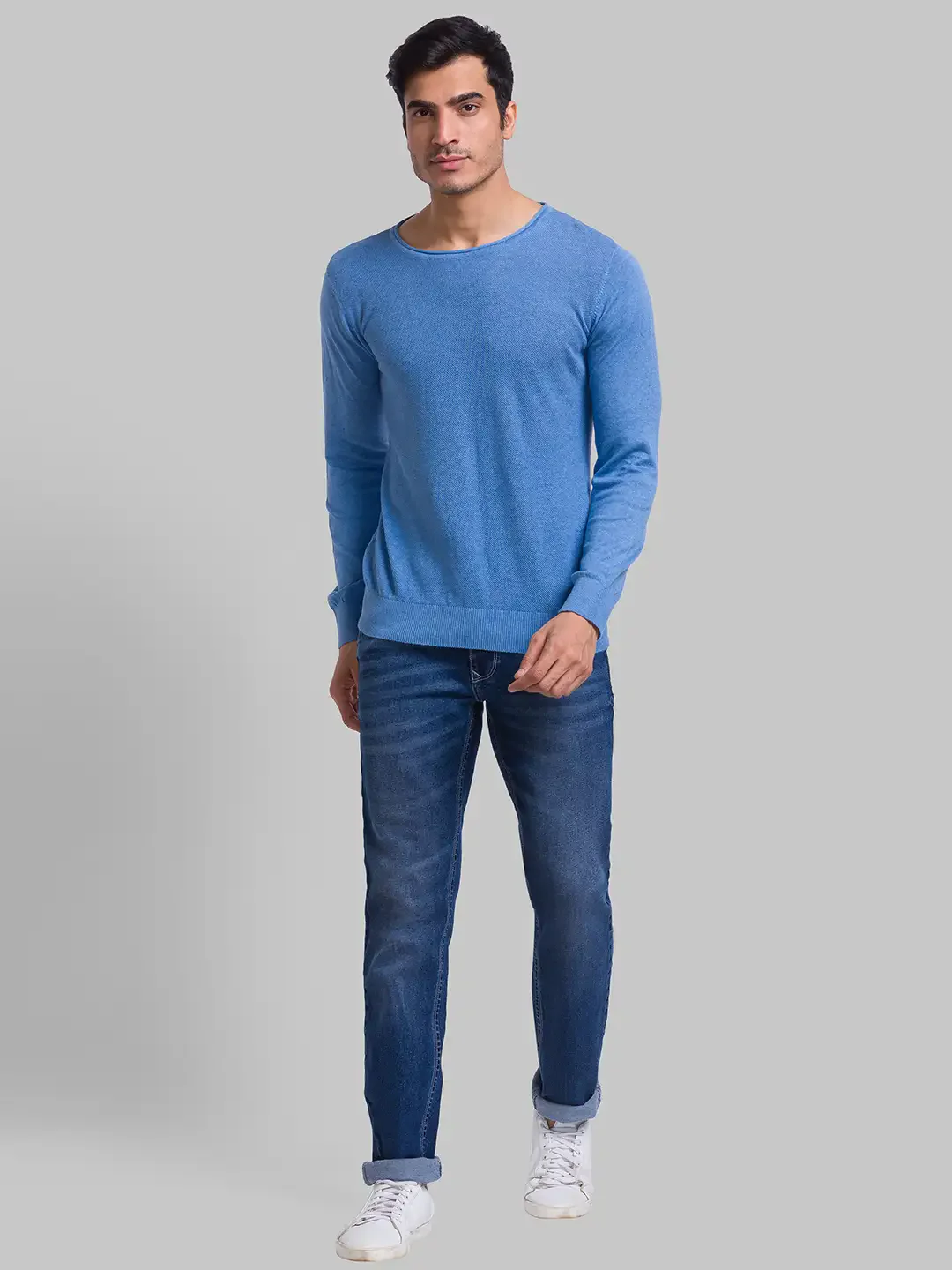 Men Blue Structure Cotton Full Sleeve Sweaters - Image 5
