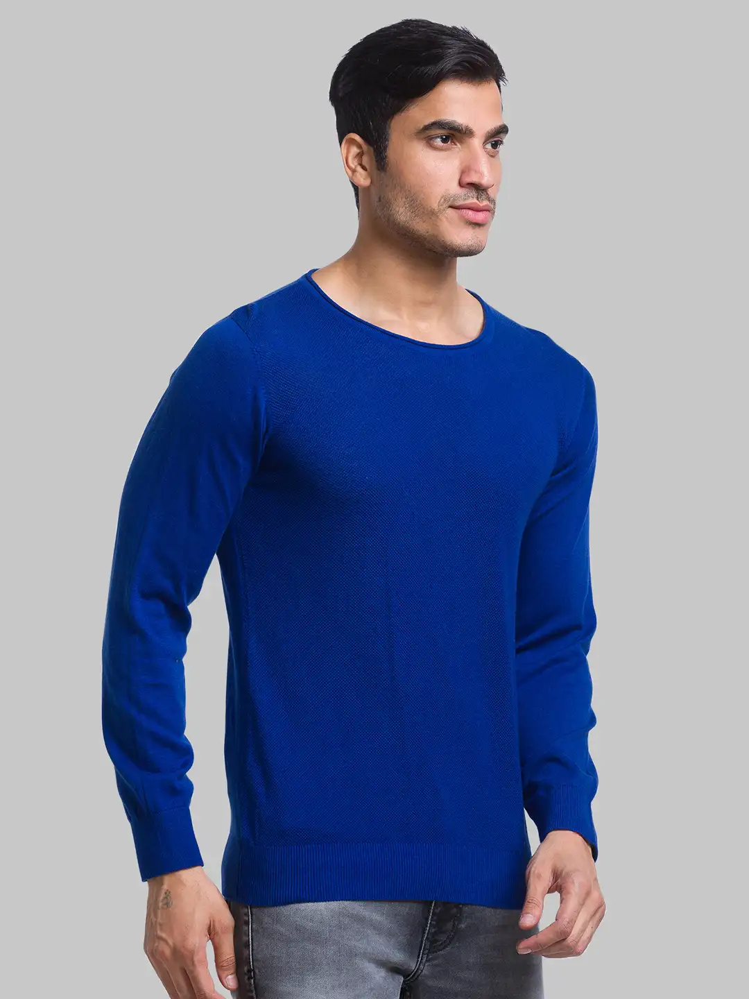 Men Blue Structure Cotton Full Sleeve Sweaters - Image 2