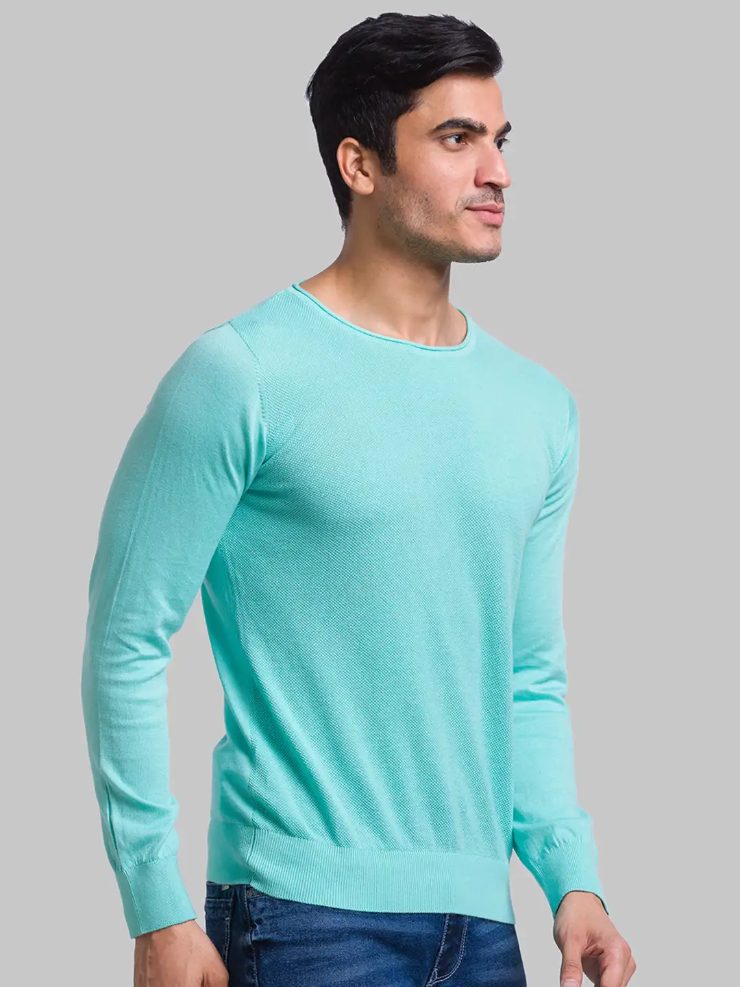 Men Blue Structure Cotton Full Sleeve Sweaters - Image 2