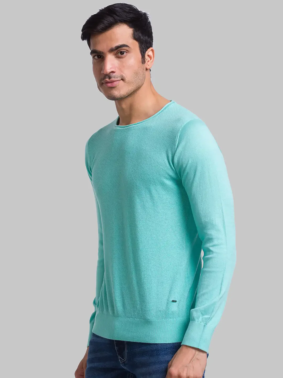 Men Blue Structure Cotton Full Sleeve Sweaters - Image 3