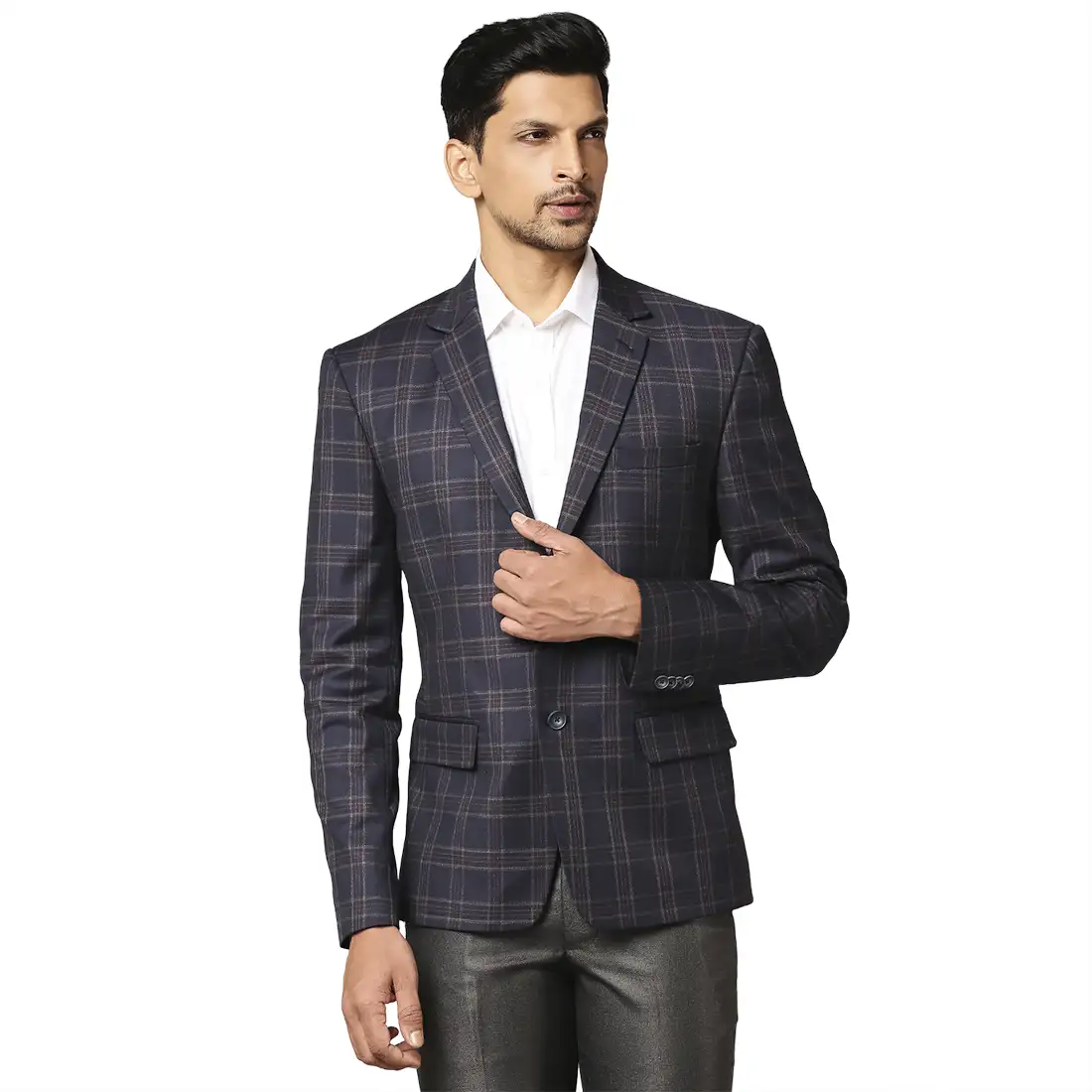 Men Blue Super Slim Fit Checks Polyester Blend Jackets