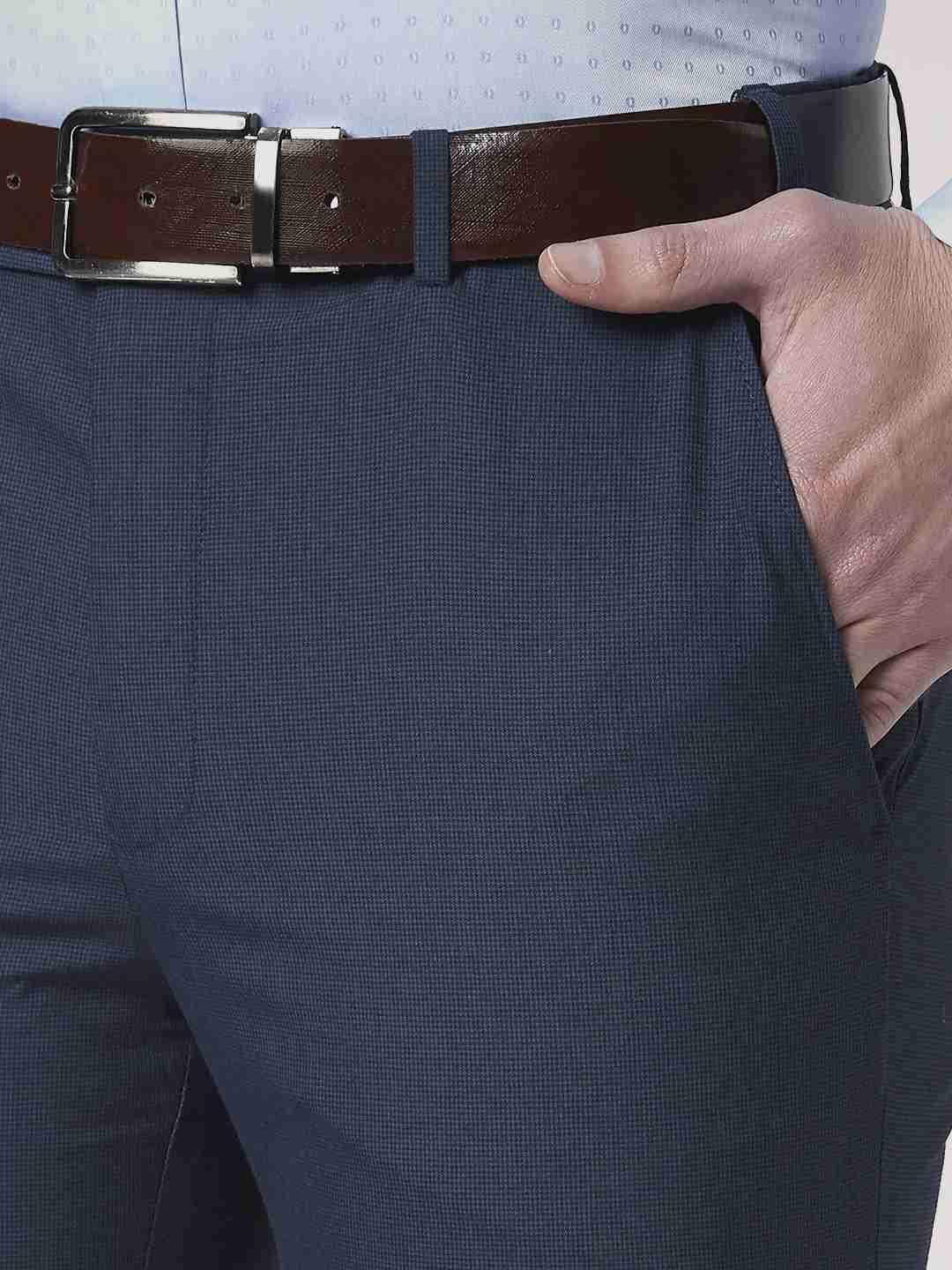 Men Blue Super Slim Fit Houndstooth Polyester Blend Trouser