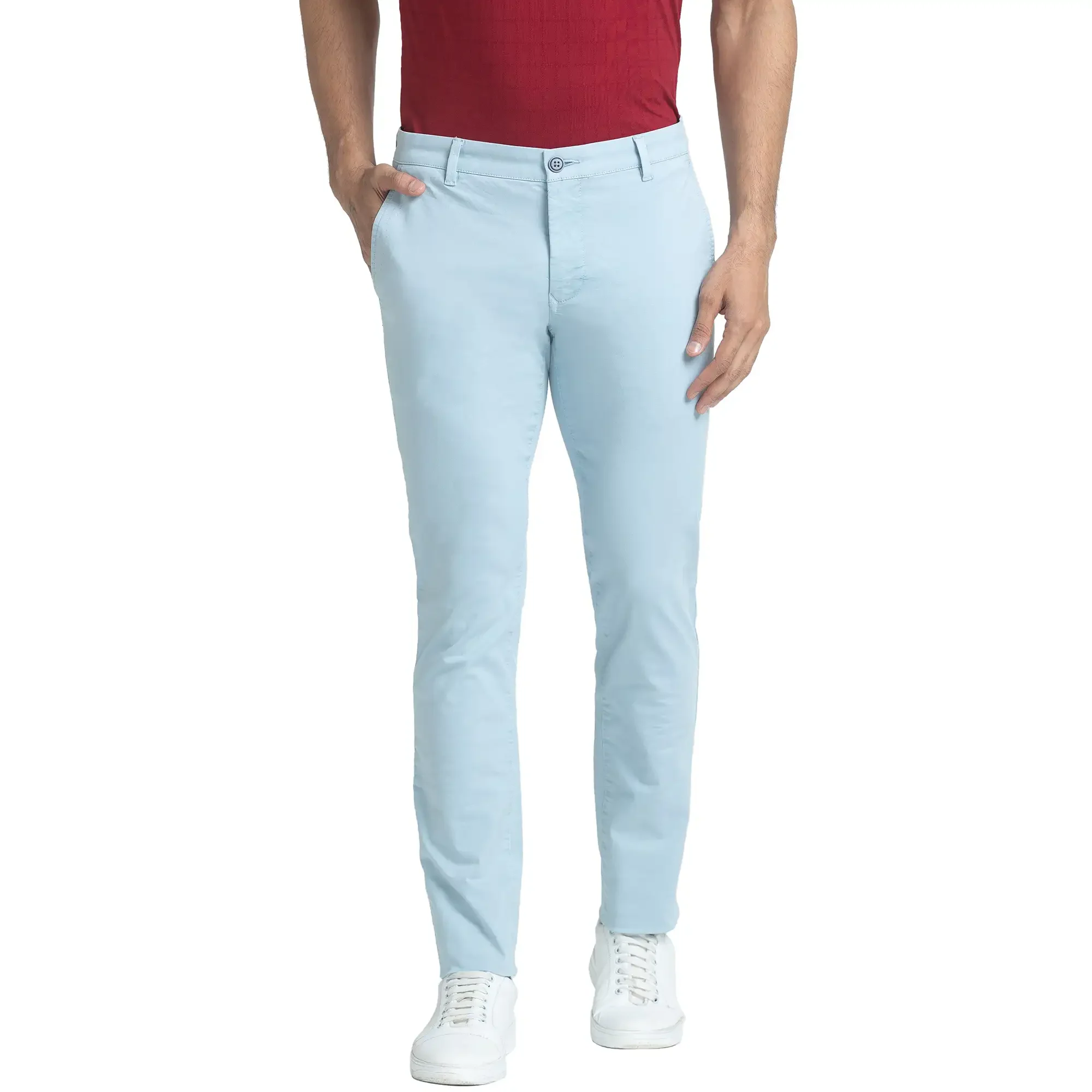 Men Blue Super Slim Fit Solid Cotton Blend Trouser