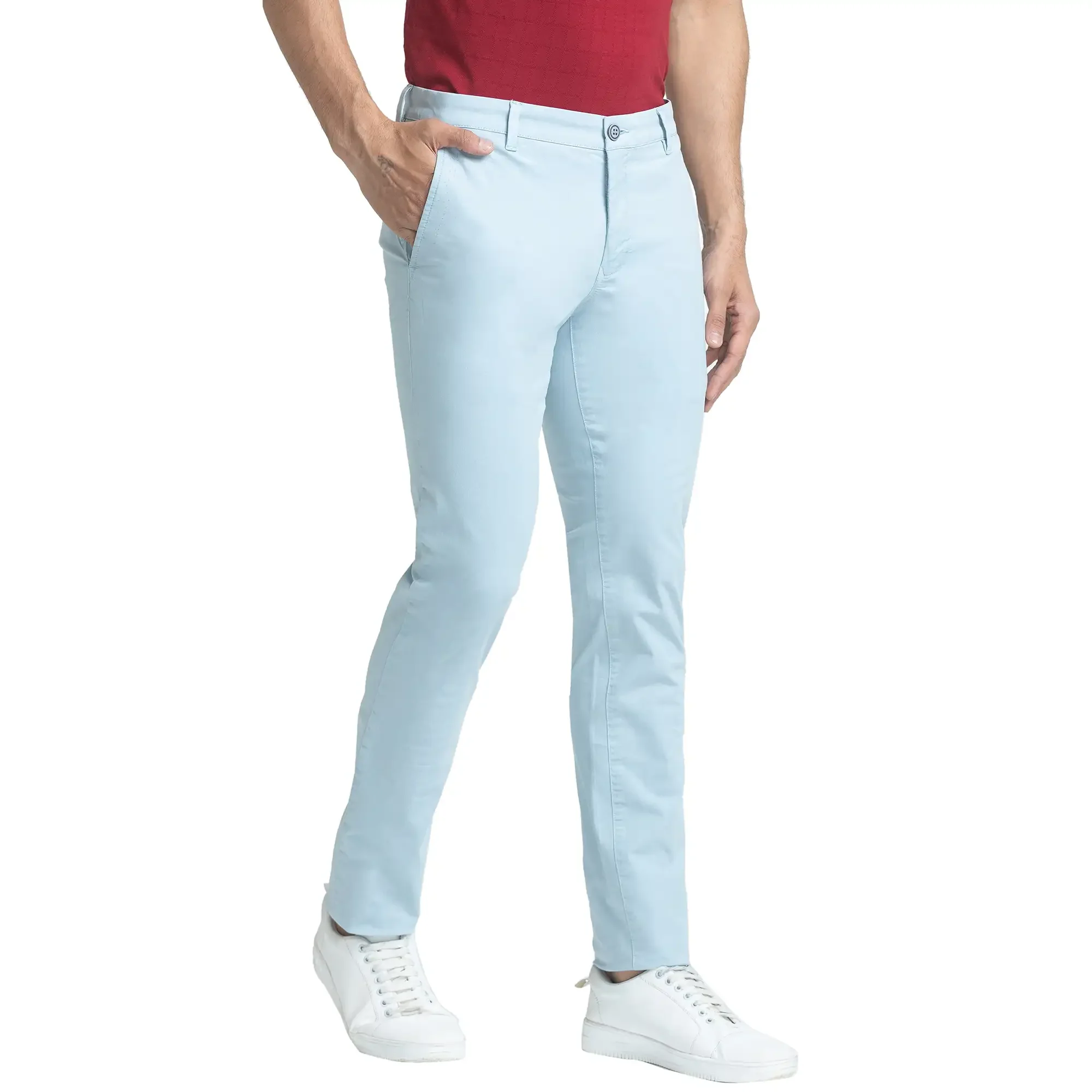 Men Blue Super Slim Fit Solid Cotton Blend Trouser - Image 2
