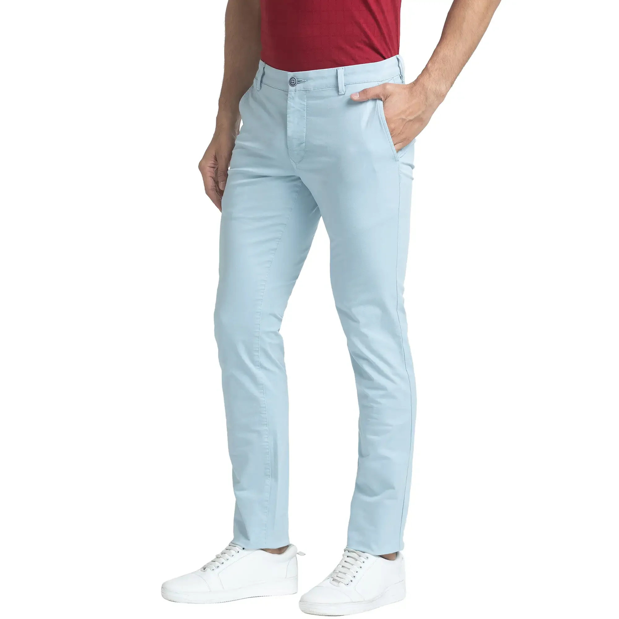 Men Blue Super Slim Fit Solid Cotton Blend Trouser - Image 3
