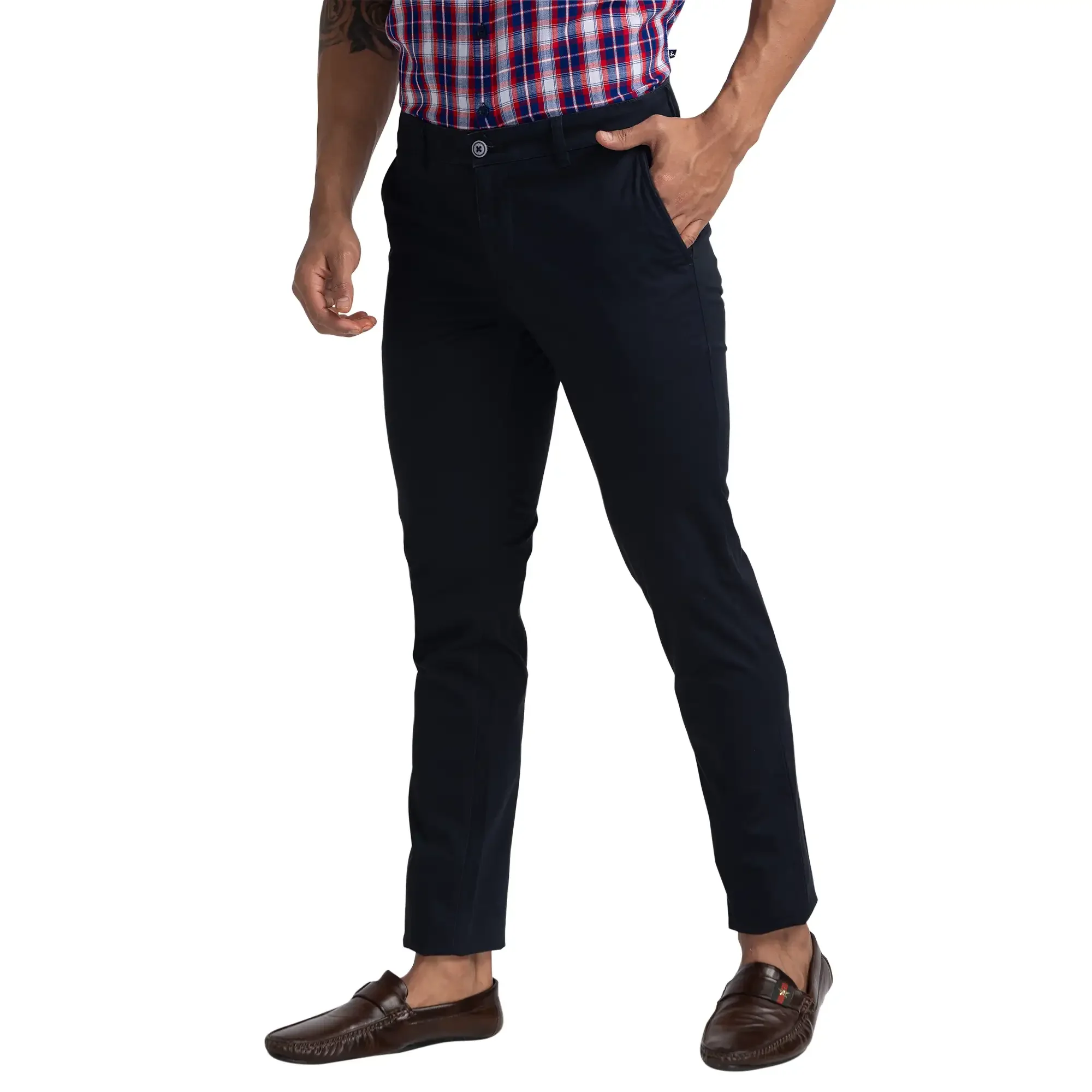 Men Blue Super Slim Fit Solid Cotton Blend Trouser - Image 3
