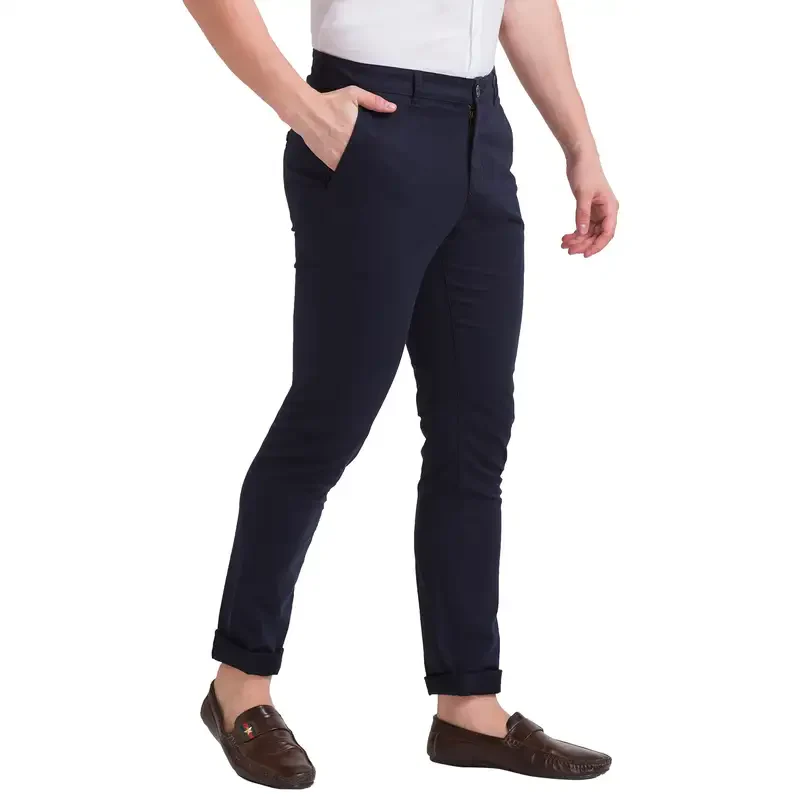 Men Blue Super Slim Fit Solid Cotton Blend Trouser - Image 2