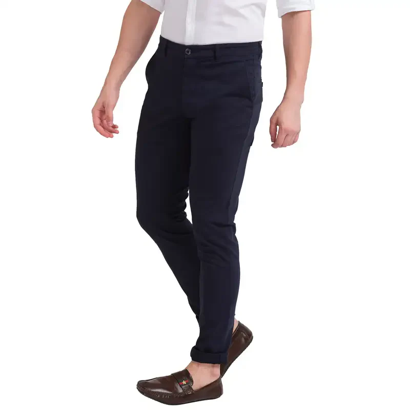Men Blue Super Slim Fit Solid Cotton Blend Trouser - Image 3