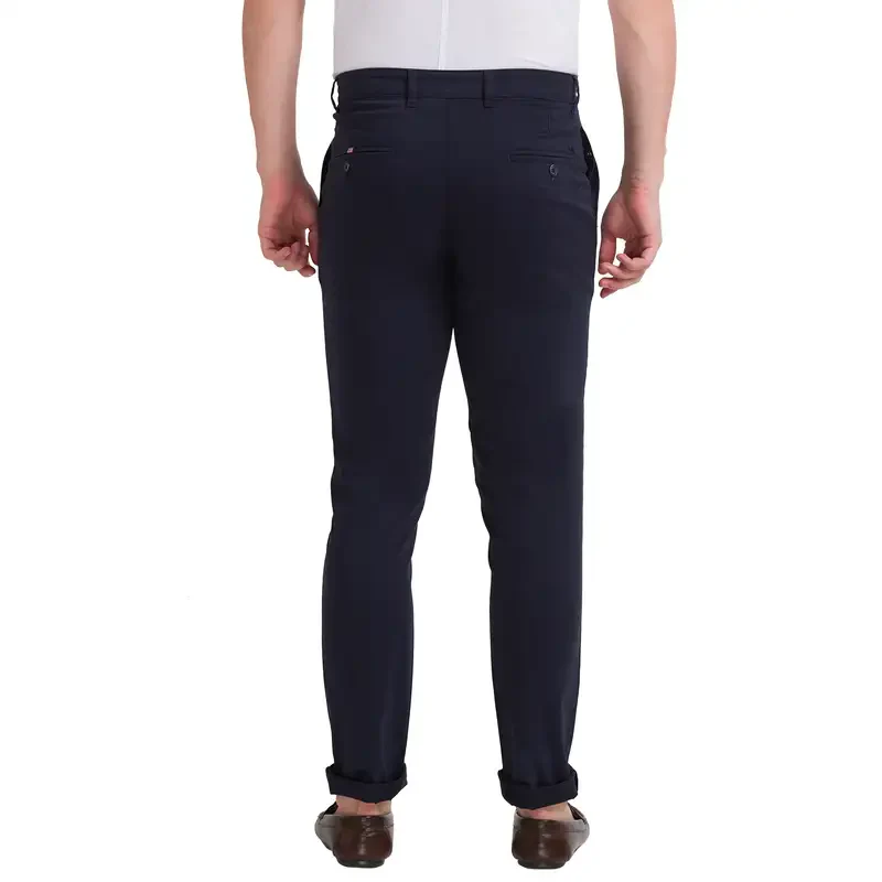 Men Blue Super Slim Fit Solid Cotton Blend Trouser - Image 4