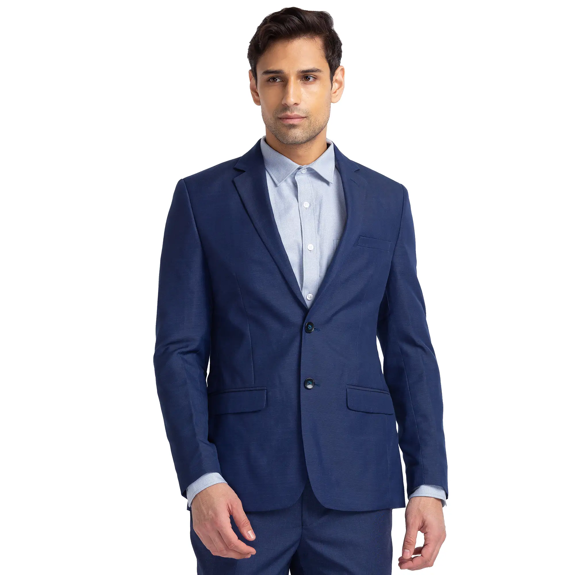 Men Blue Super Slim Fit Solid Polyester Blend Suit