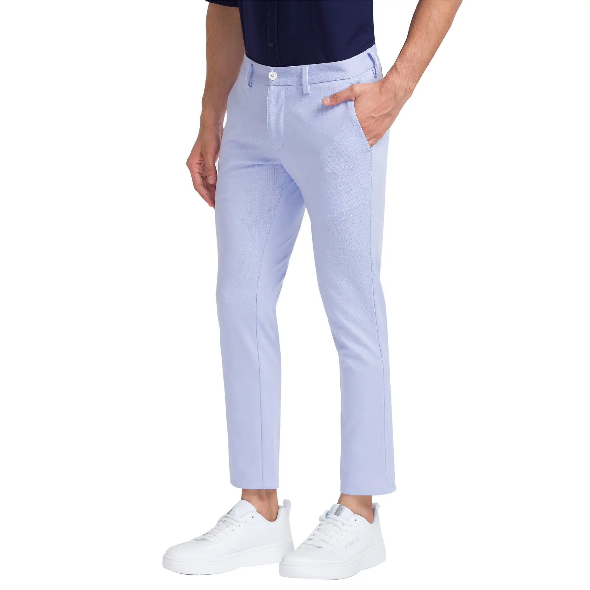 Men Blue Super Slim Fit Solid Terylene Spandex Blend Trouser - Image 3