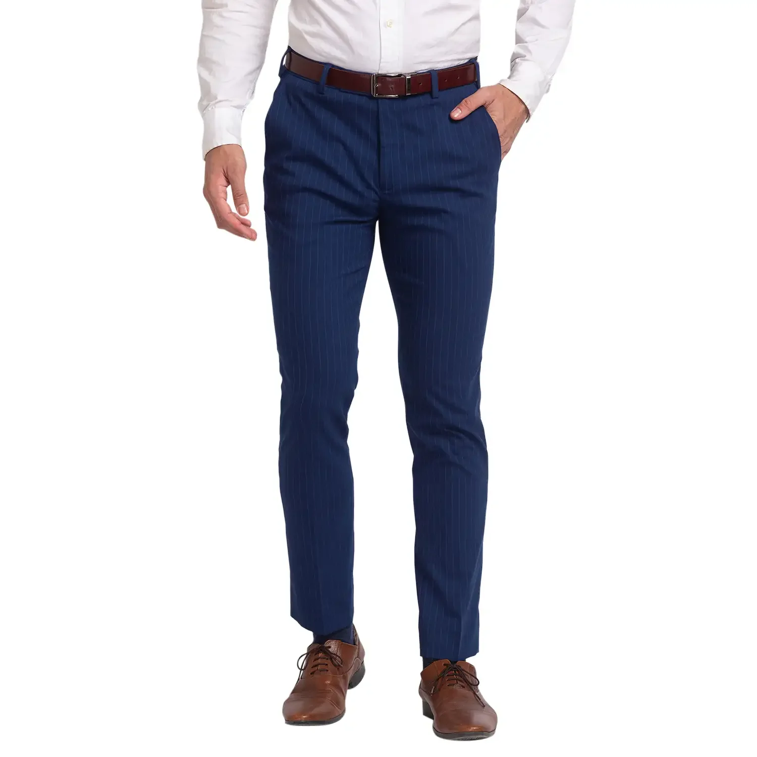 Park Avenue Men Blue Super Slim Fit Stripe Polyester Blend Trouser