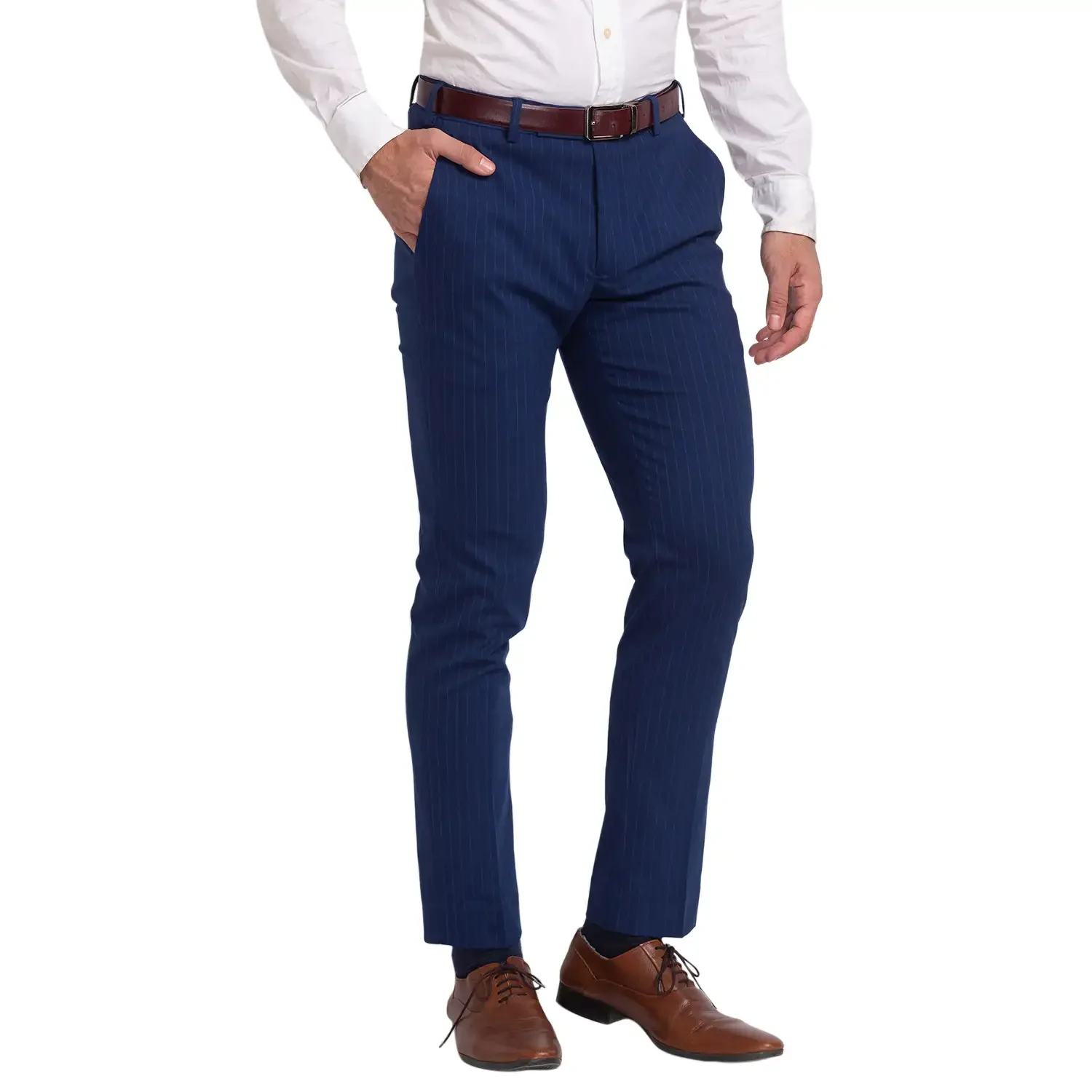 Park Avenue Men Blue Super Slim Fit Stripe Polyester Blend Trouser - Image 2
