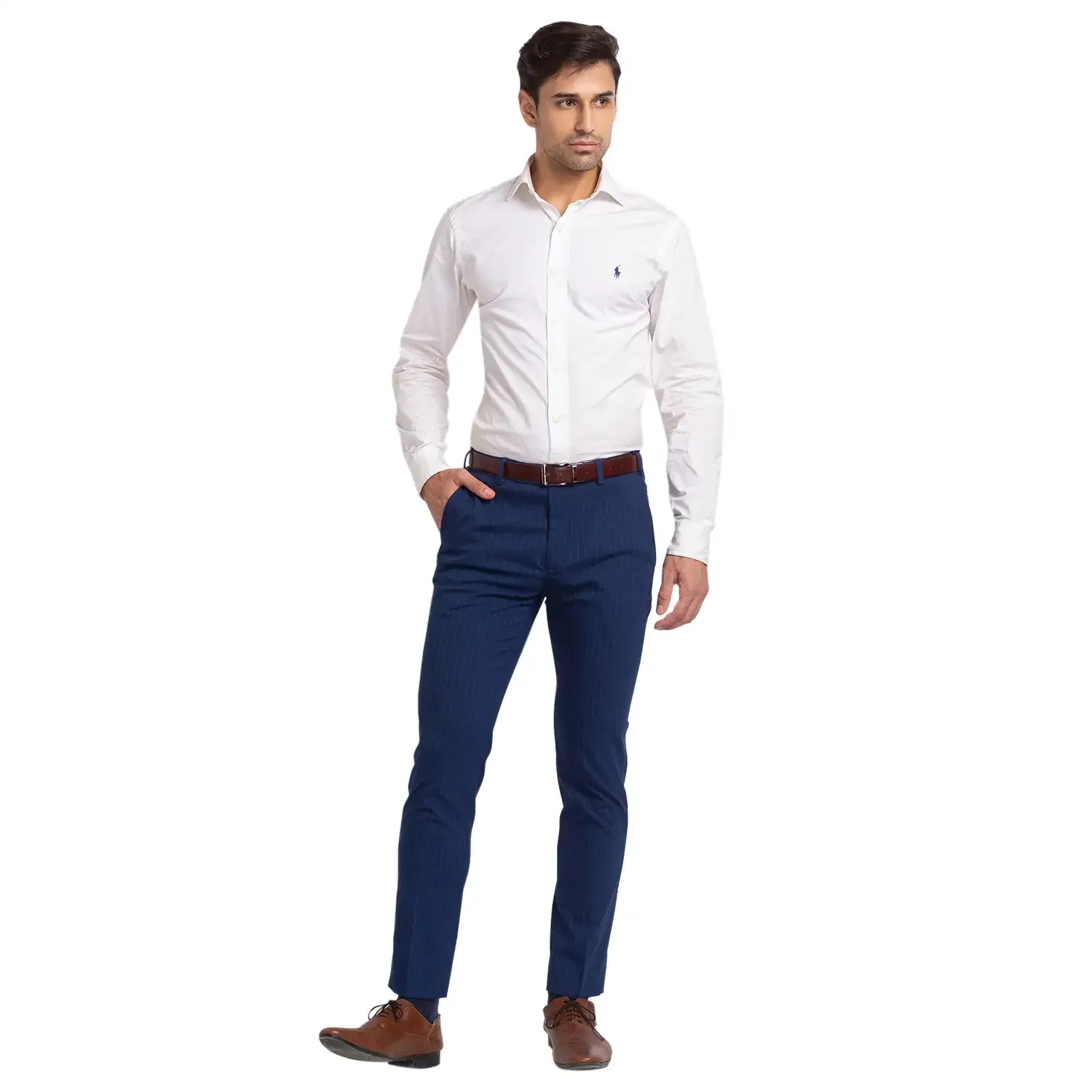 Park Avenue Men Blue Super Slim Fit Stripe Polyester Blend Trouser - Image 5