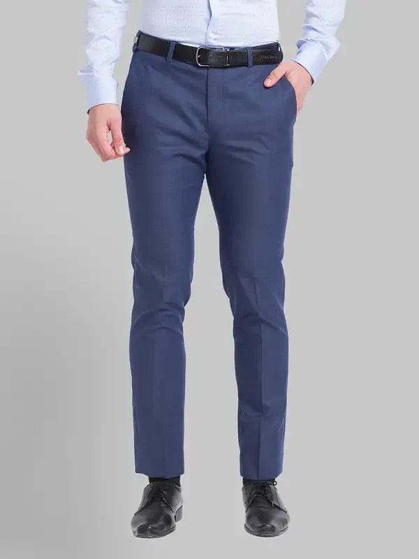 Men Blue Super Slim Fit Structure Polyester Blend Trouser