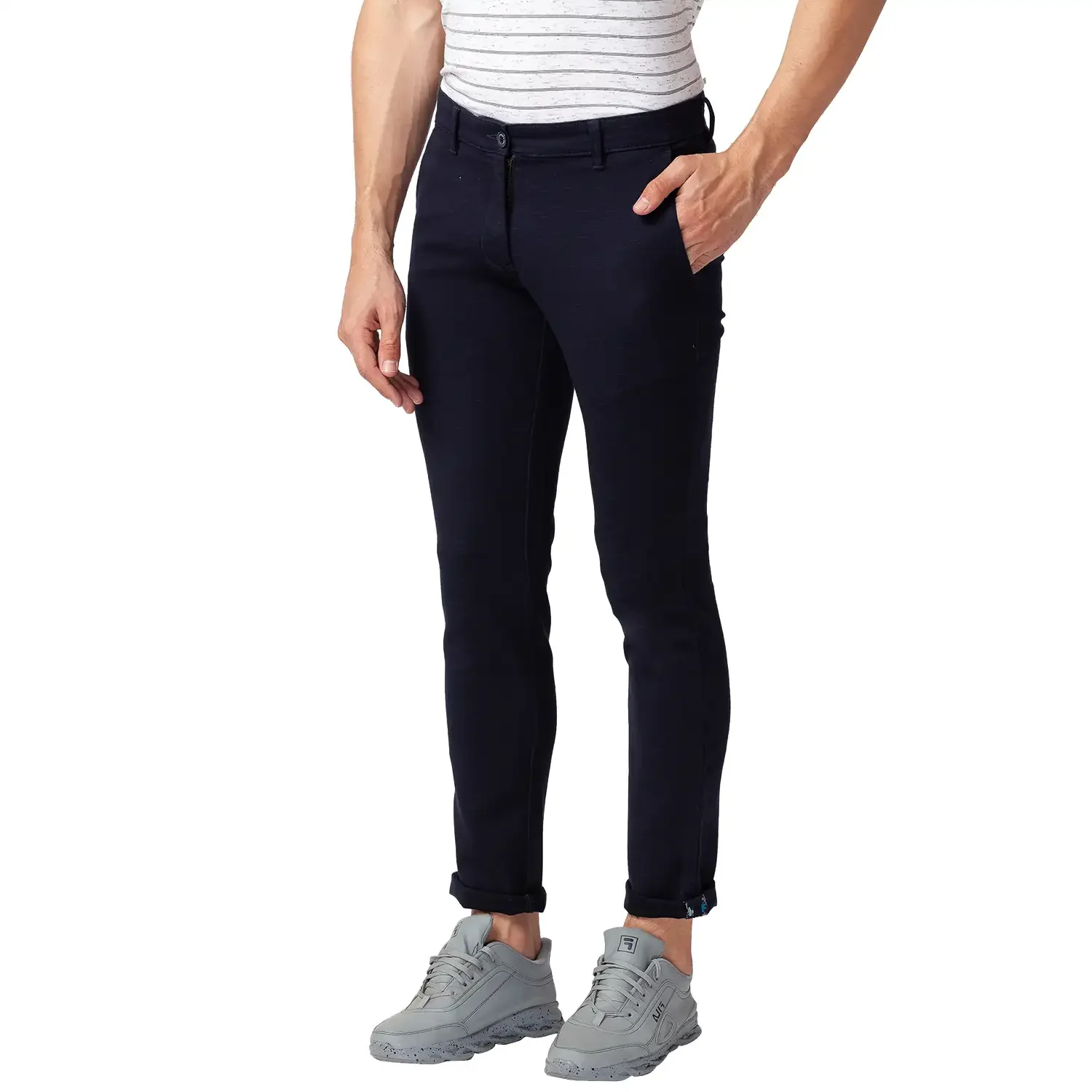 Men Blue Super Slim Fit Yarn Dyed Cotton Blend Trouser - Image 3
