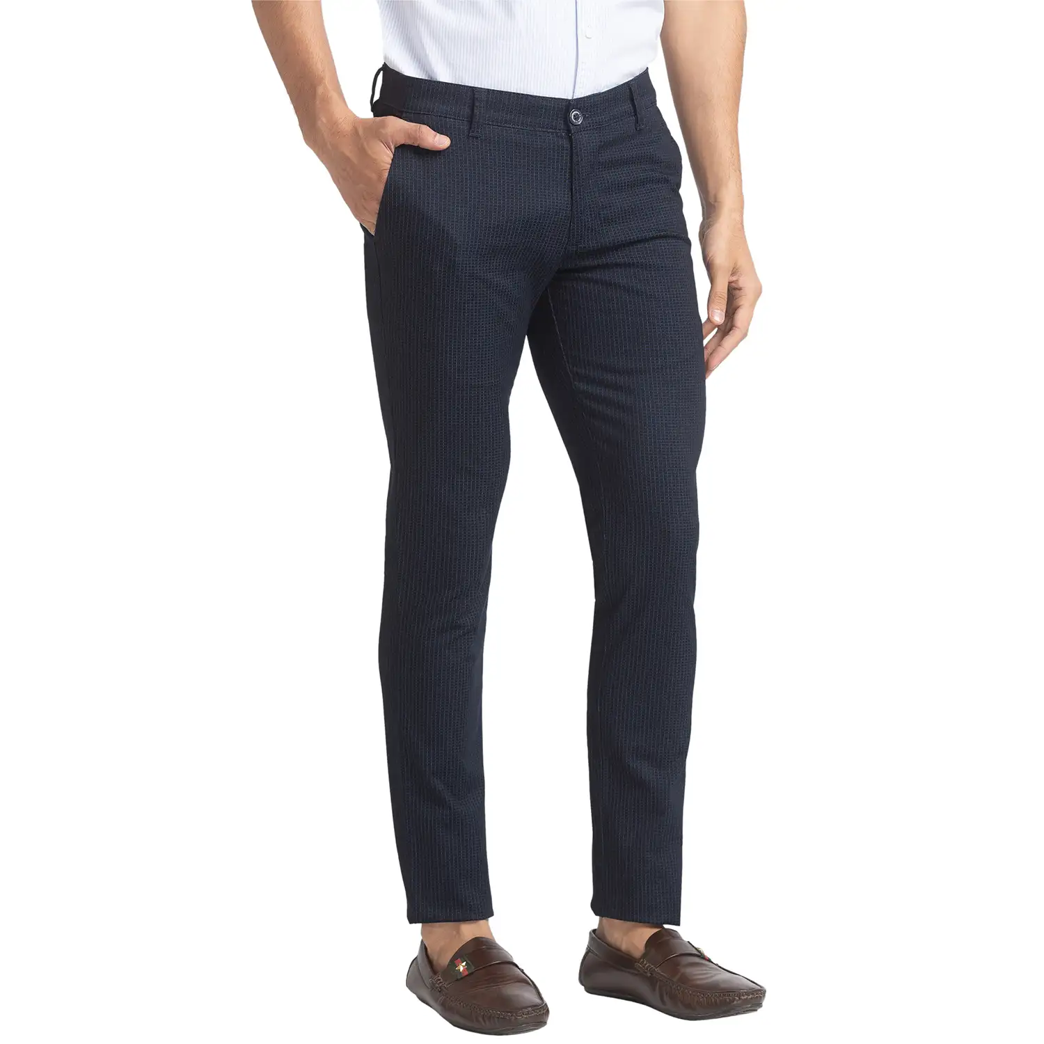 Men Blue Super Slim Fit Yarn Dyed Cotton Blend Trouser - Image 2