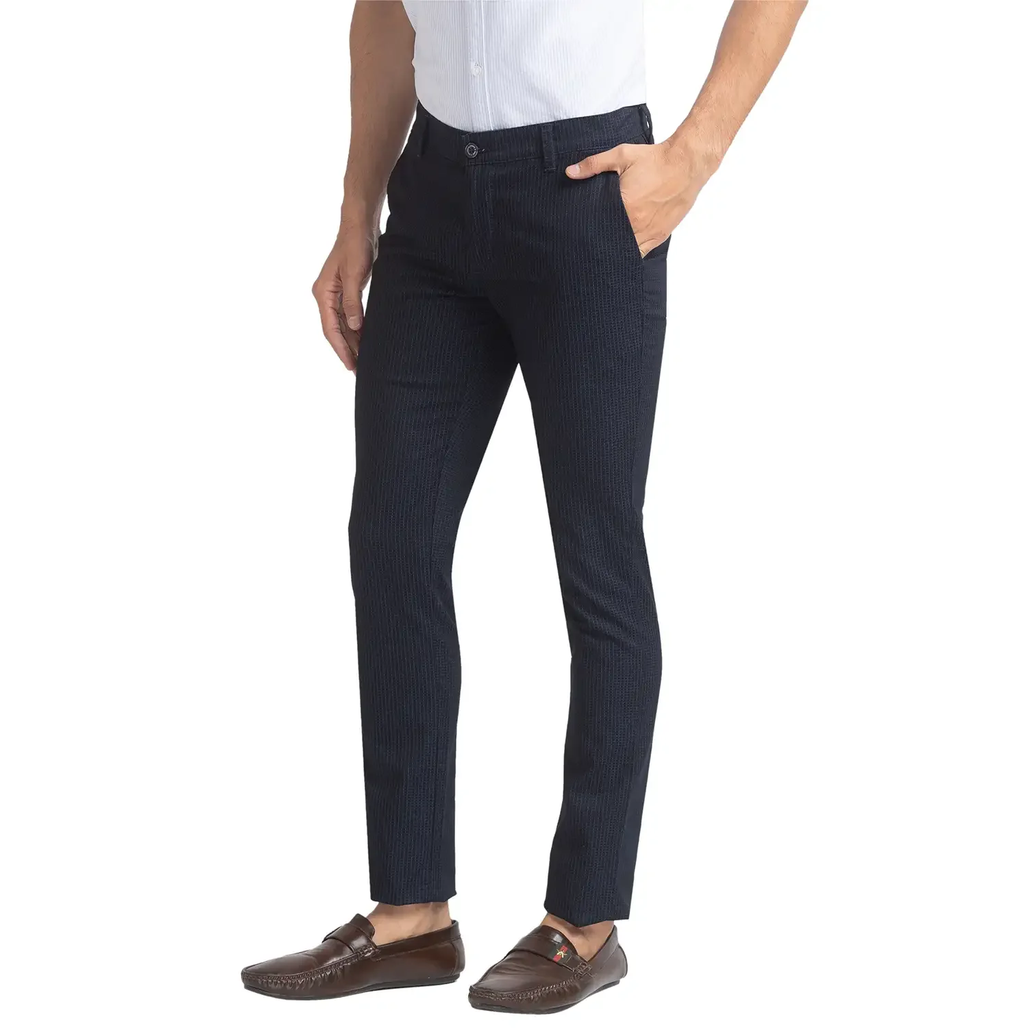 Men Blue Super Slim Fit Yarn Dyed Cotton Blend Trouser - Image 3