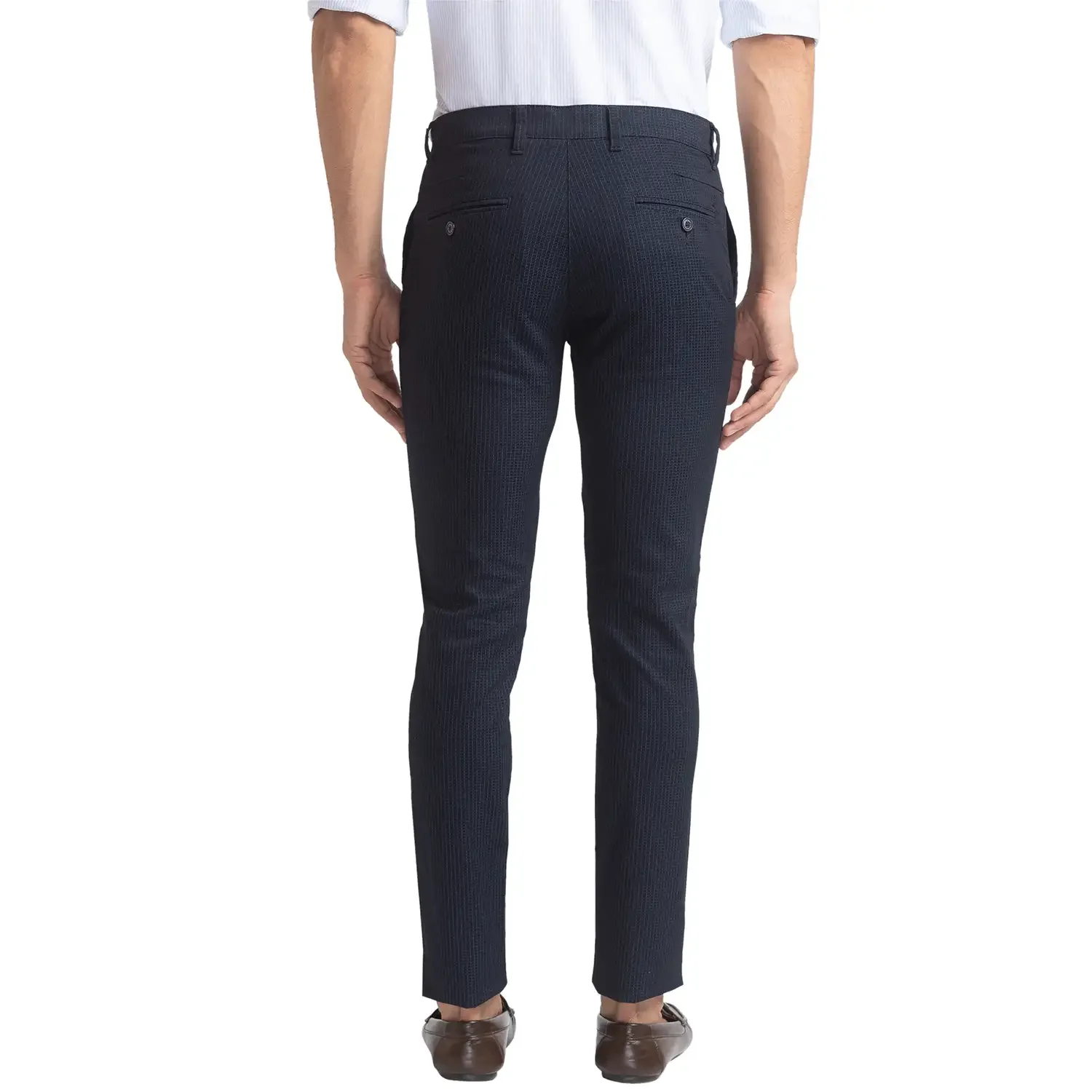 Men Blue Super Slim Fit Yarn Dyed Cotton Blend Trouser - Image 4