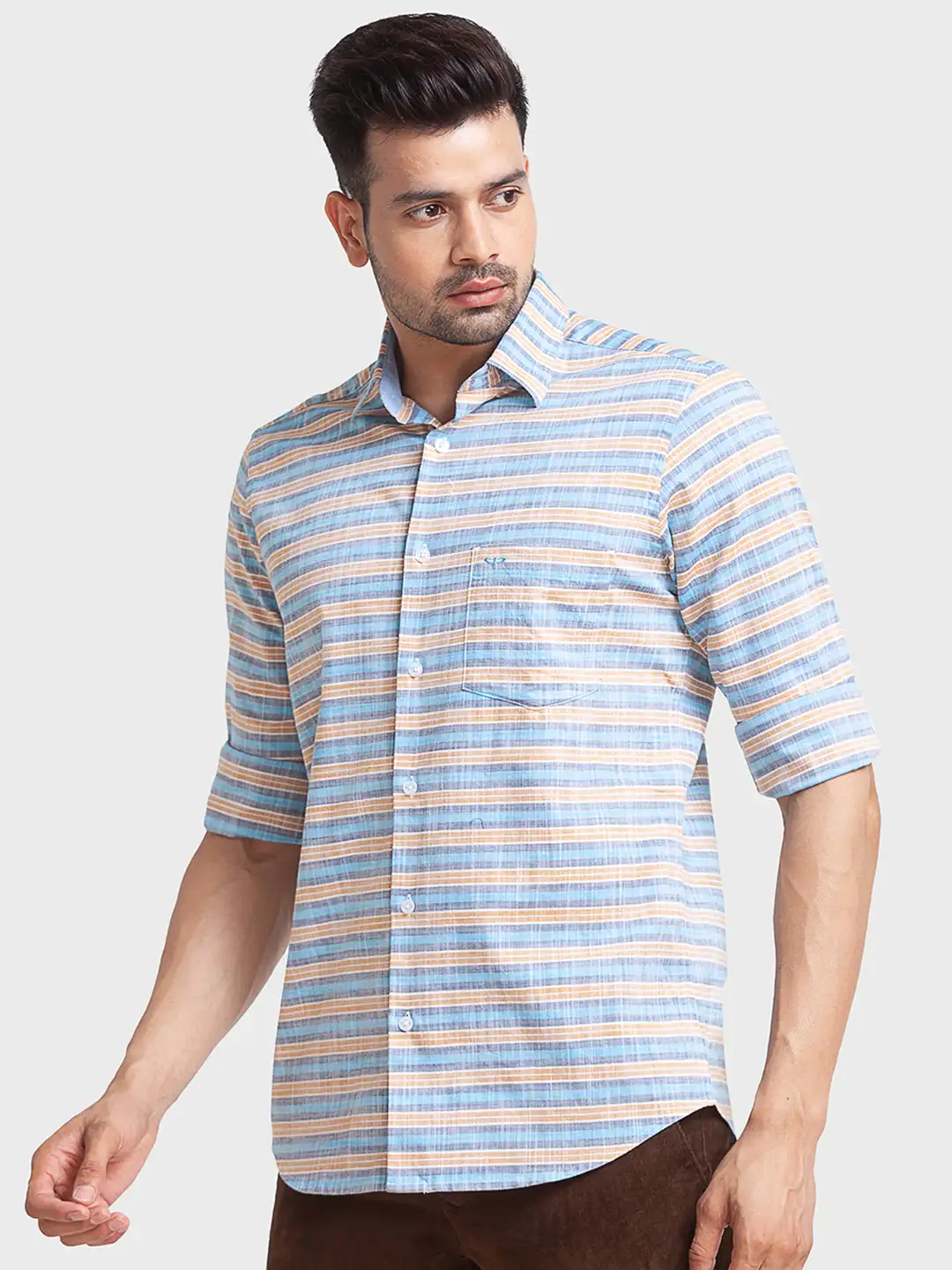 Men Blue Tailored Fit Barre Cotton Full Sleeve Shirts - Image 3