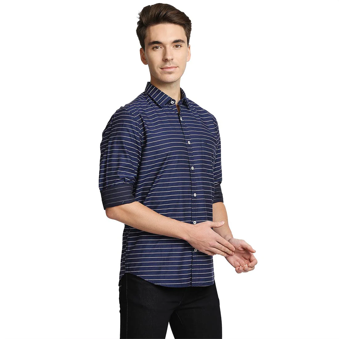 Men Blue Tailored Fit Barre Cotton Full Sleeve Shirts - Image 2
