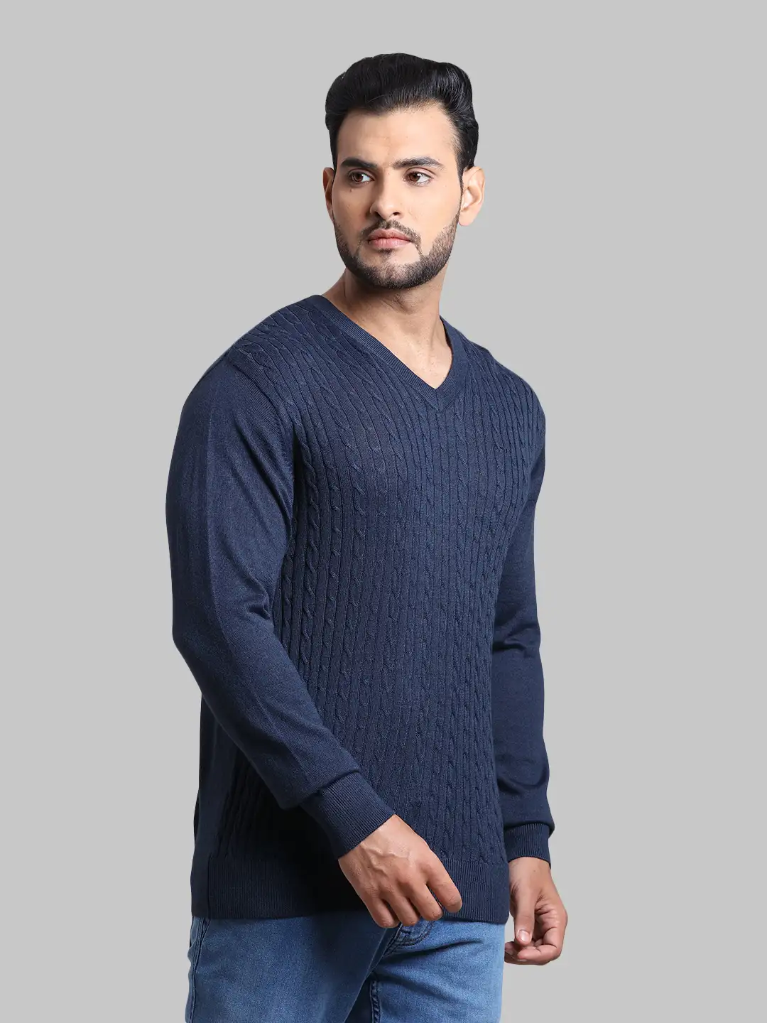 Men Blue Tailored Fit Cable Acrylic Wool Blend Full Sleeve V Neck Collar Sweaters - Image 2