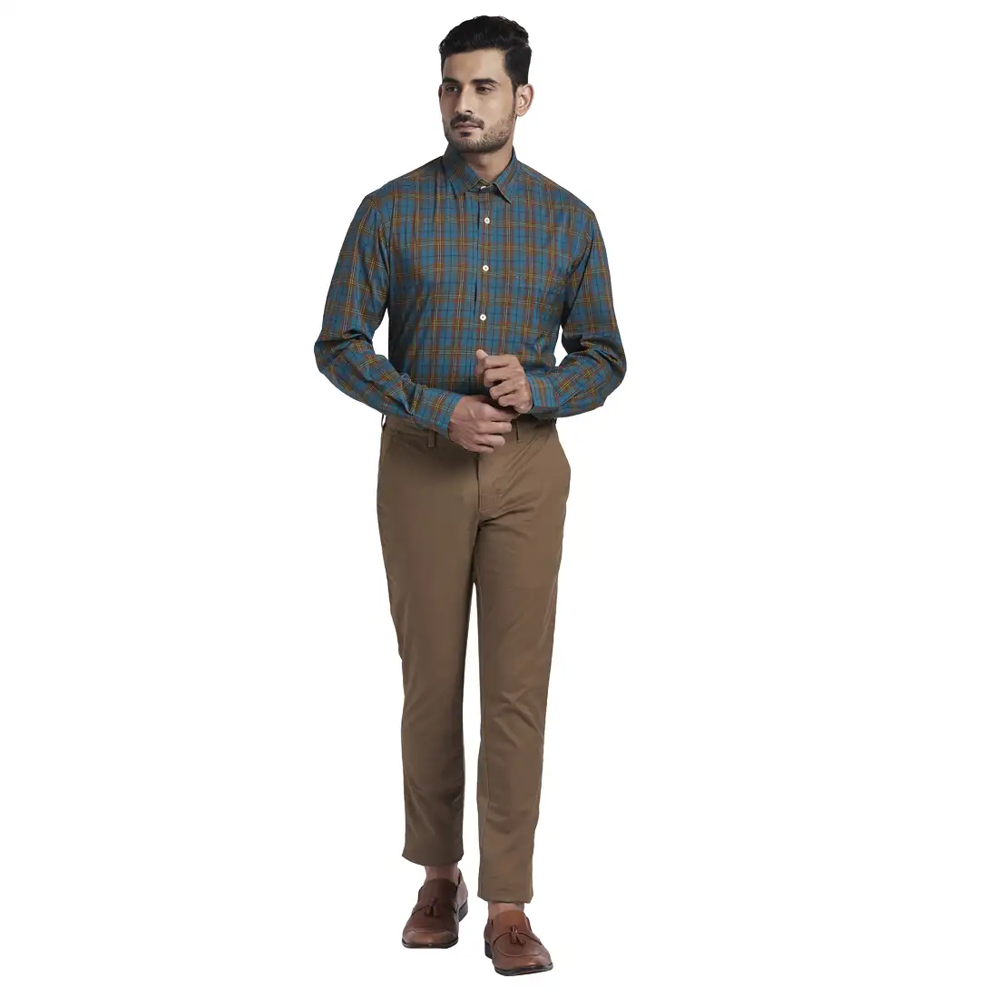 Men Blue Tailored Fit Checks Cotton Blend Full Sleeve Shirts - Image 5
