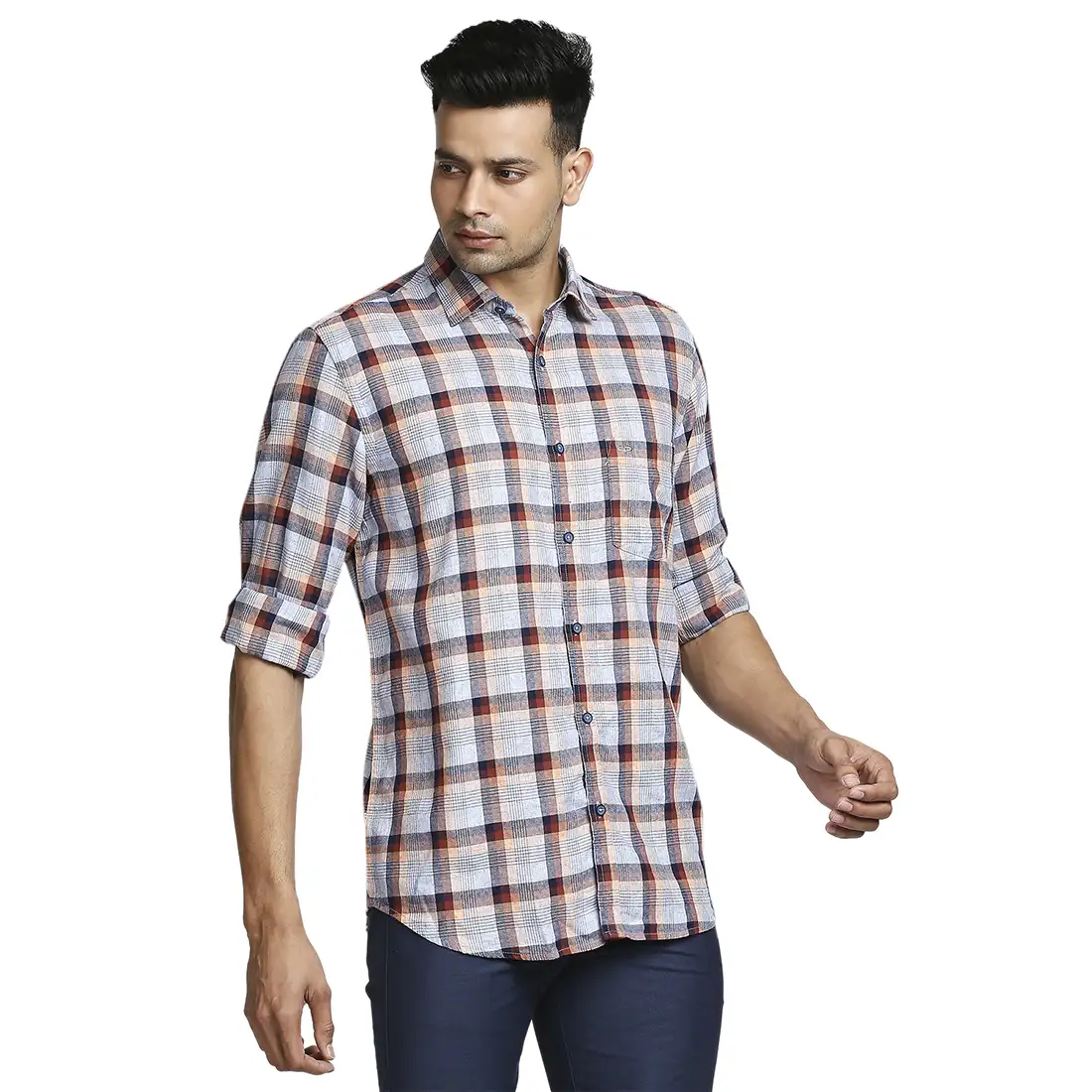 Men Blue Tailored Fit Checks Cotton Blend Full Sleeve Shirts - Image 2