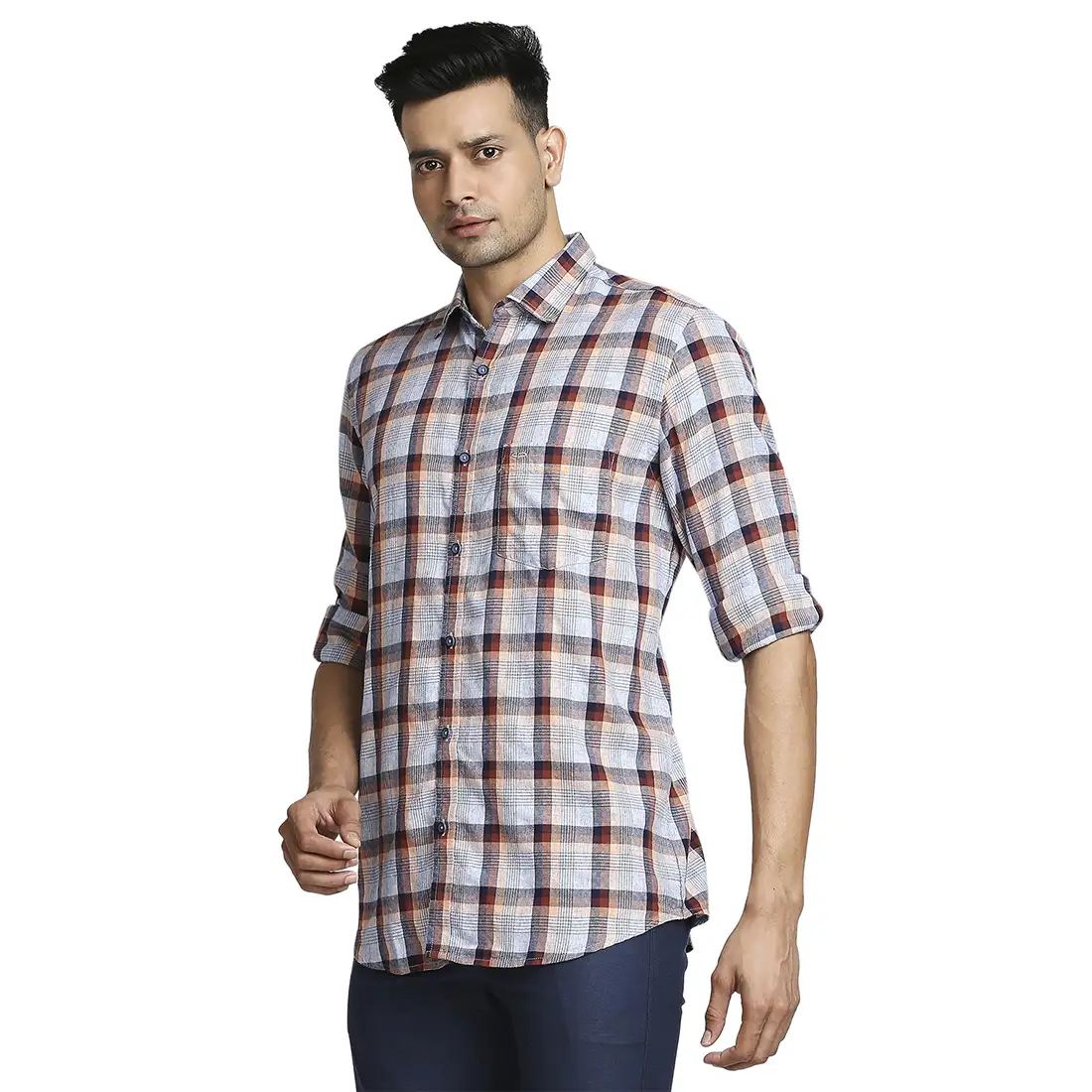Men Blue Tailored Fit Checks Cotton Blend Full Sleeve Shirts - Image 3