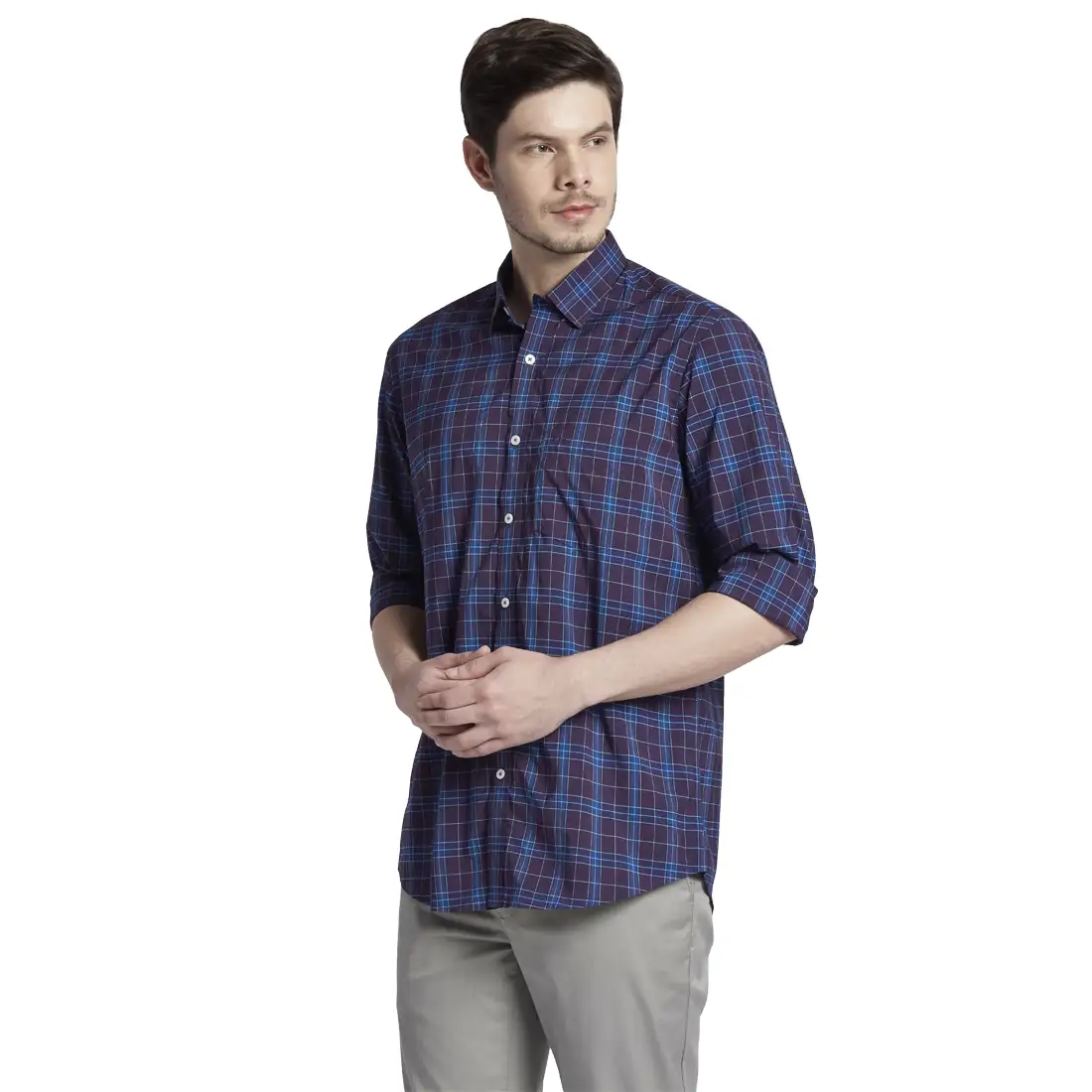 Men Blue Tailored Fit Checks Cotton Blend Full Sleeve Shirts - Image 3
