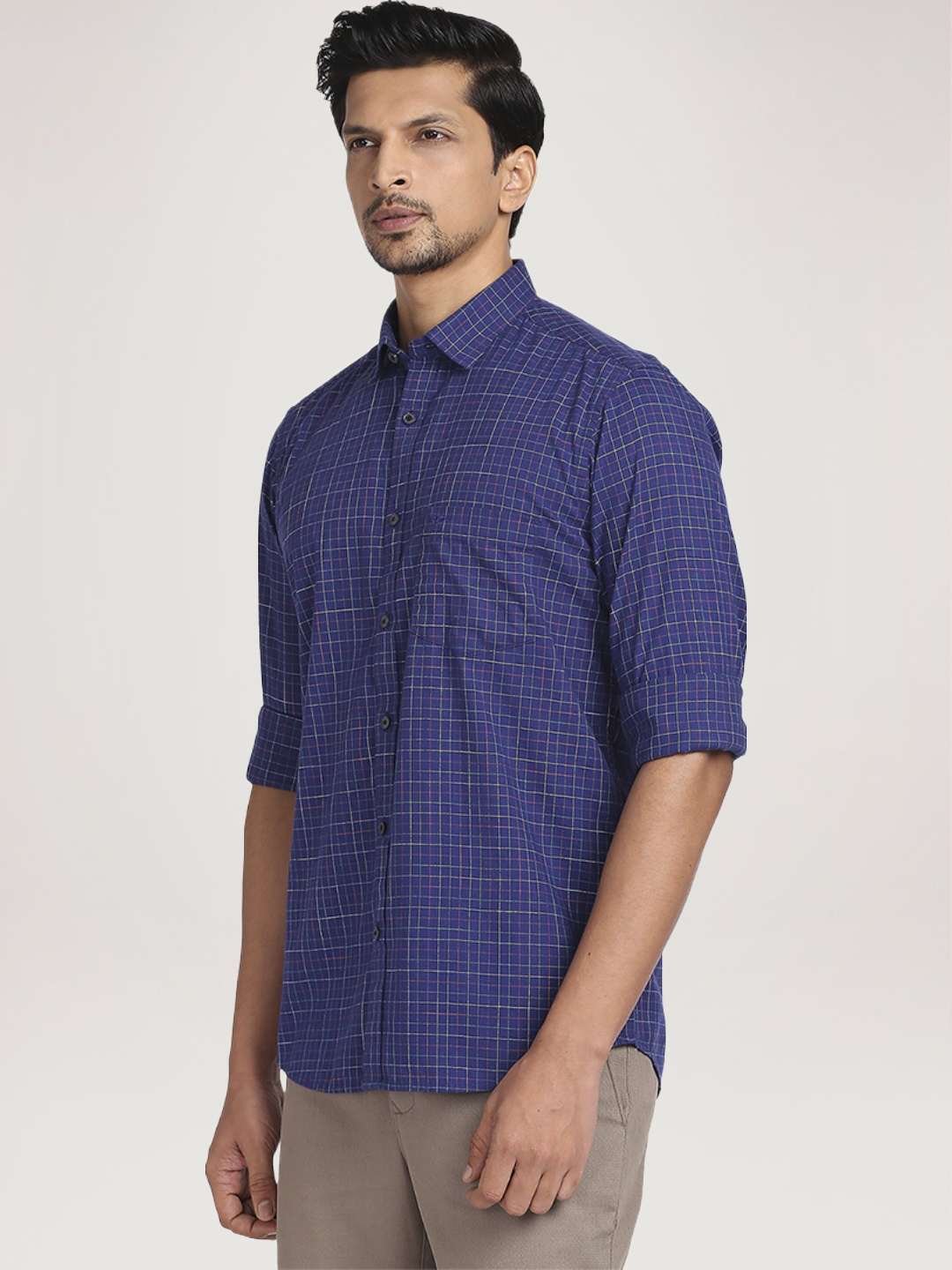 Men Blue Tailored Fit Checks Cotton Full Sleeve Shirts - Image 4