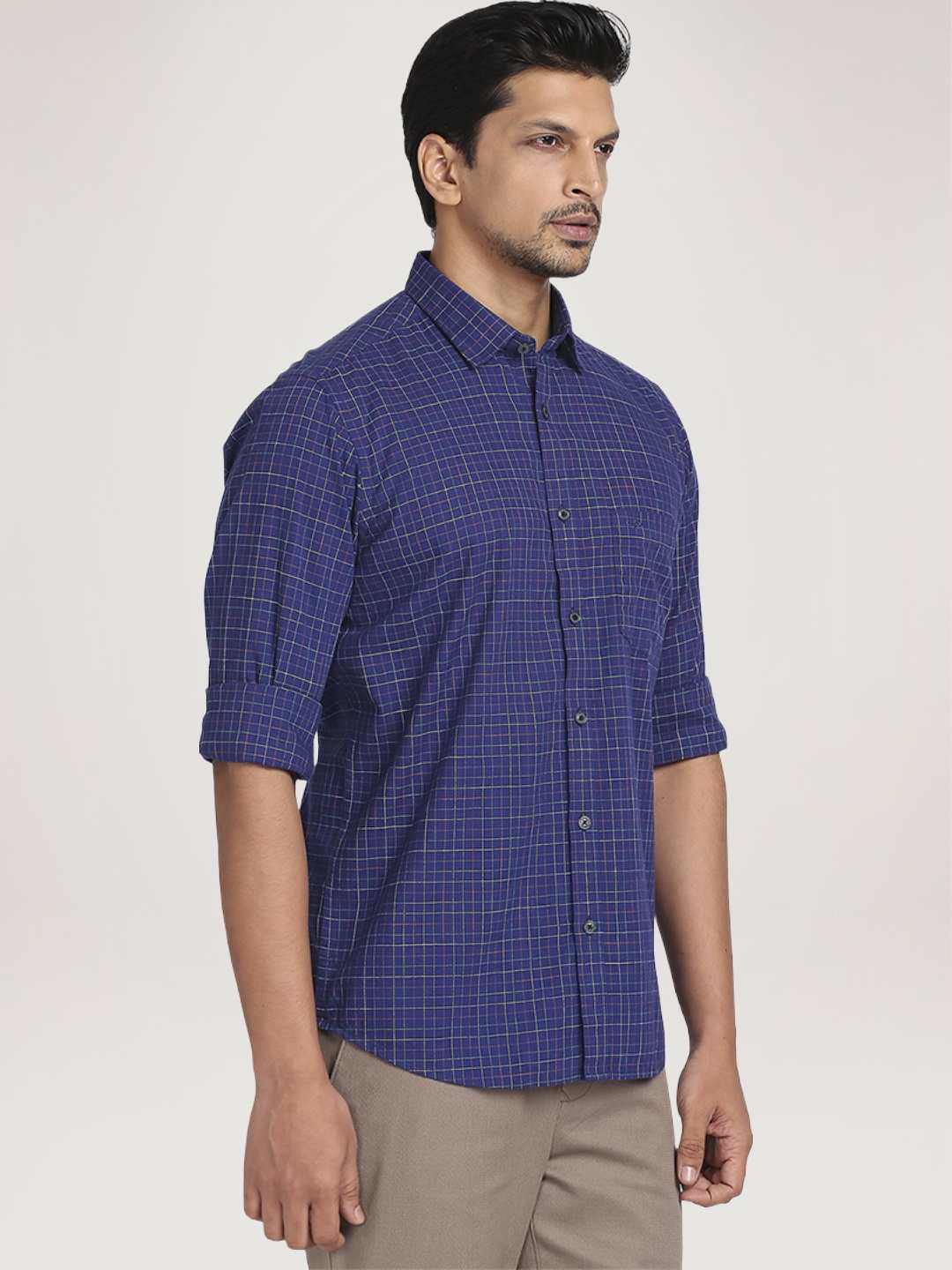 Men Blue Tailored Fit Checks Cotton Full Sleeve Shirts - Image 5