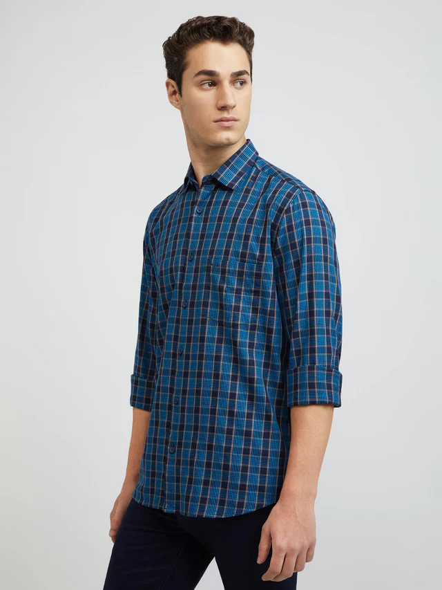 Men Blue Tailored Fit Checks Cotton Full Sleeve Shirts - Image 3