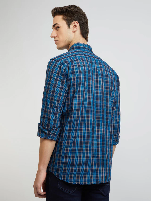 Men Blue Tailored Fit Checks Cotton Full Sleeve Shirts - Image 4