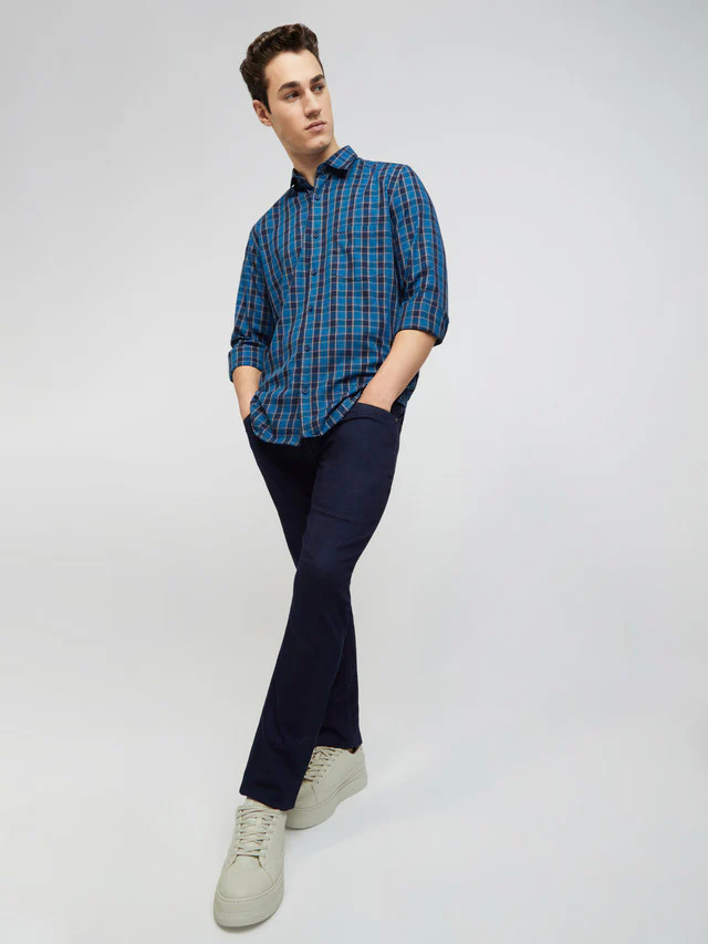 Men Blue Tailored Fit Checks Cotton Full Sleeve Shirts - Image 5