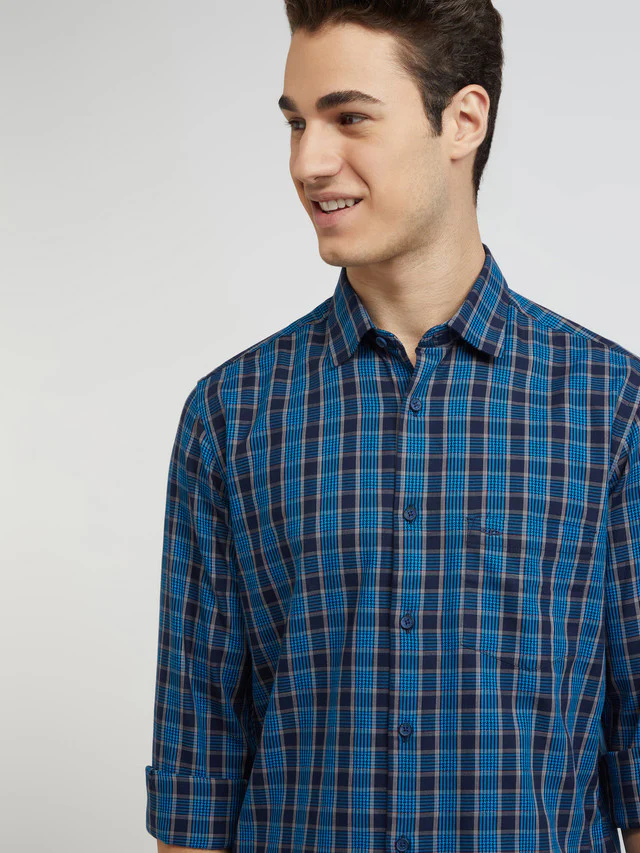 Men Blue Tailored Fit Checks Cotton Full Sleeve Shirts - Image 6